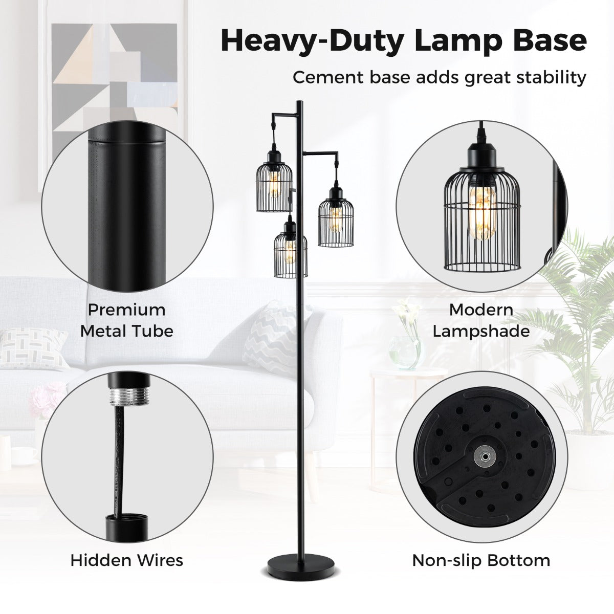 LIVSK Vloerlamp met 3 Lichtpunten - Voetschakelaar - Stevige Cementbasis - Modern Design - Voor Lezen en Sfeer - Zwart