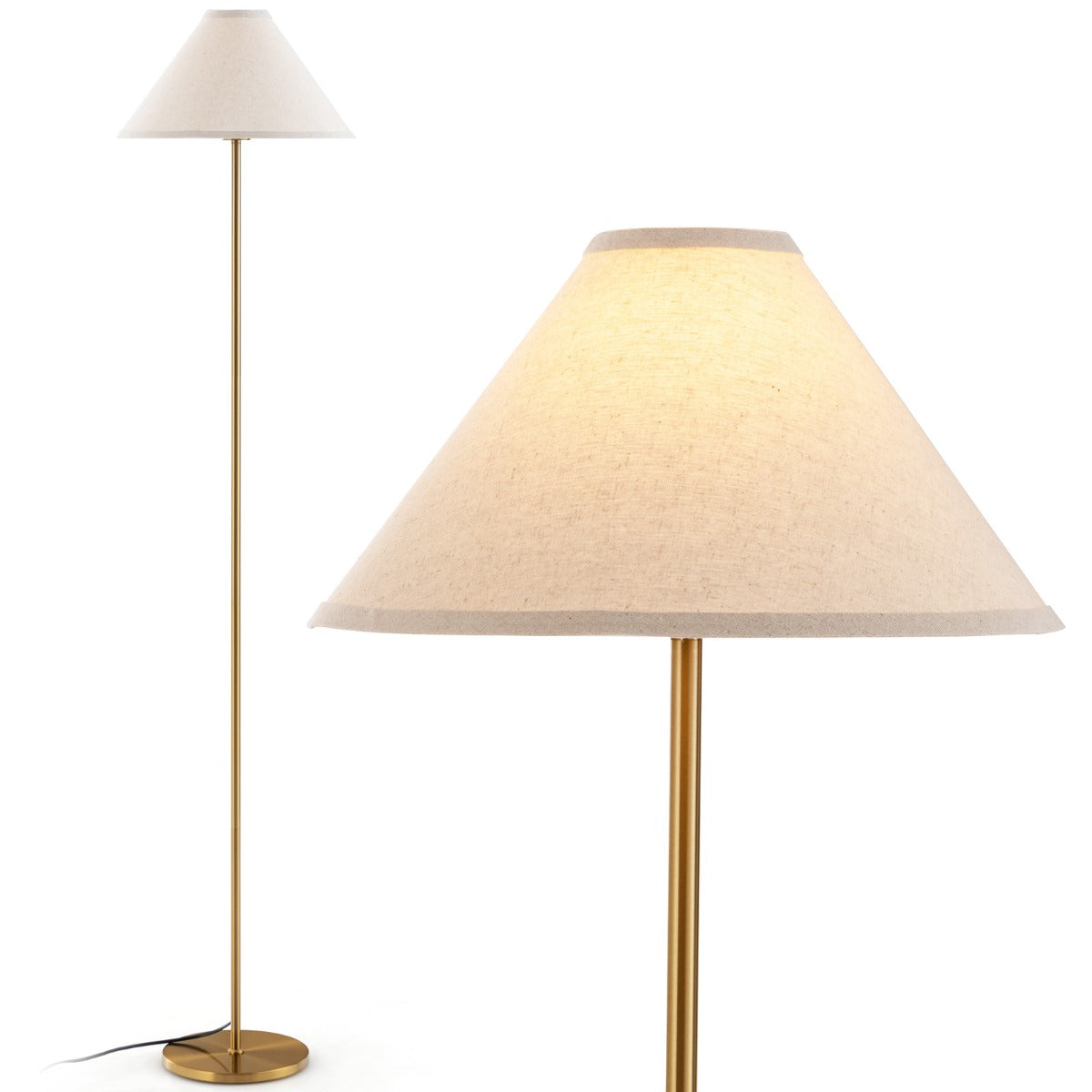 LIVSK Staande Lamp - Gouden Metalen Frame - Lichtgrijze Linnen Kap - Voetschakelaar - 36 x 162 cm - Goud