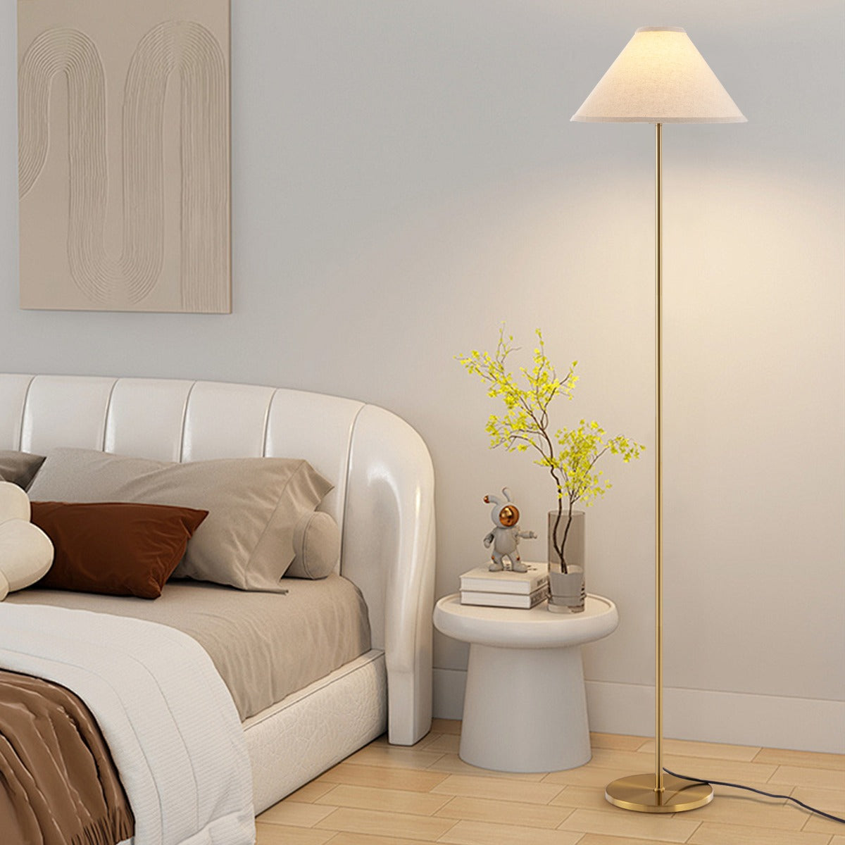 LIVSK Staande Lamp - Gouden Metalen Frame - Lichtgrijze Linnen Kap - Voetschakelaar - 36 x 162 cm - Goud