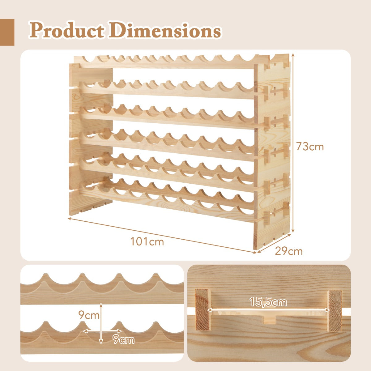 LIVSK Stapelbaar Wijnrek voor 60 Flessen - Vrijstaand van Natuurlijk Dennenhout - Draagvermogen 160 kg - Eenvoudige Montage -
