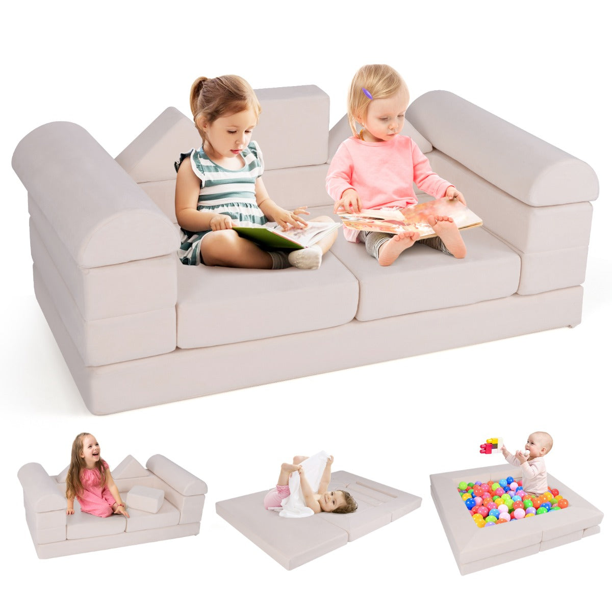LIVSK modulaire speelbank 9-delig - Transformeerbaar tot bank, ligstoel of ballenbad - Veilig en comfortabel - Beige