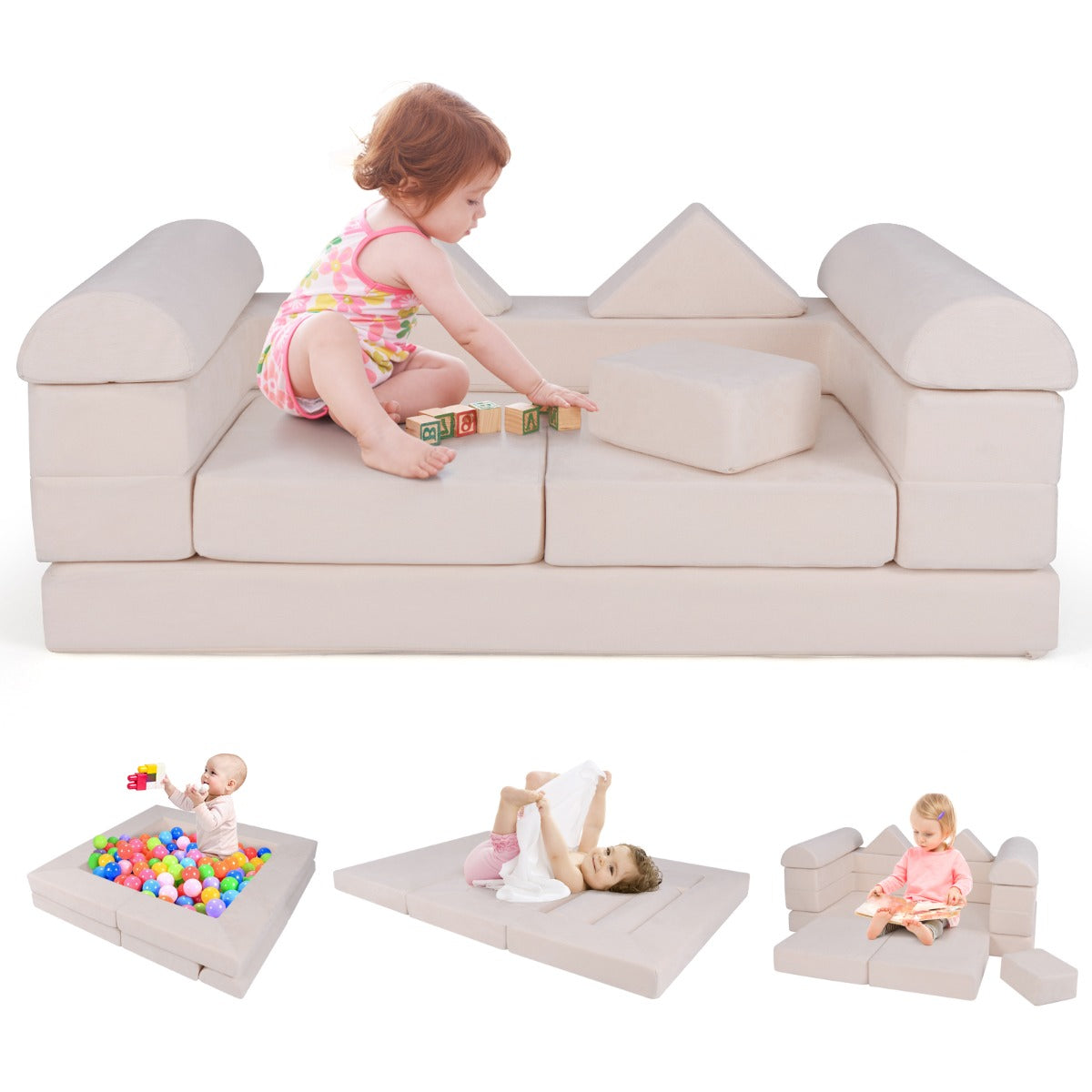 LIVSK modulaire speelbank 9-delig - Transformeerbaar tot bank, ligstoel of ballenbad - Veilig en comfortabel - Beige