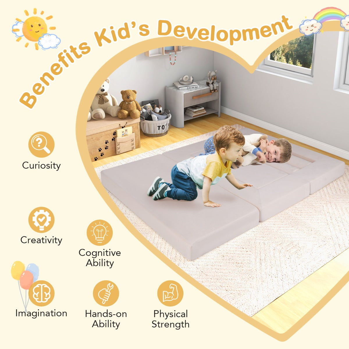 LIVSK modulaire speelbank 9-delig - Transformeerbaar tot bank, ligstoel of ballenbad - Veilig en comfortabel - Beige
