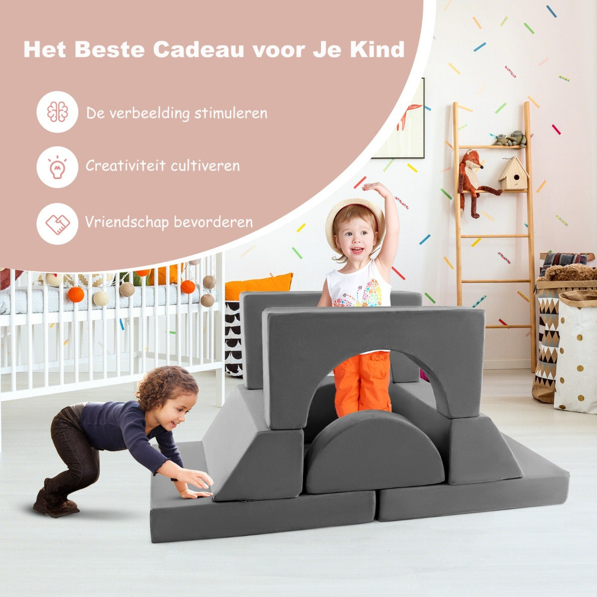 LIVSK Modulaire Kinderbank - 8-delige Set voor Creatieve Speelruimte - Afneembare Suède Hoezen - Comfortabele Spons - Grijs