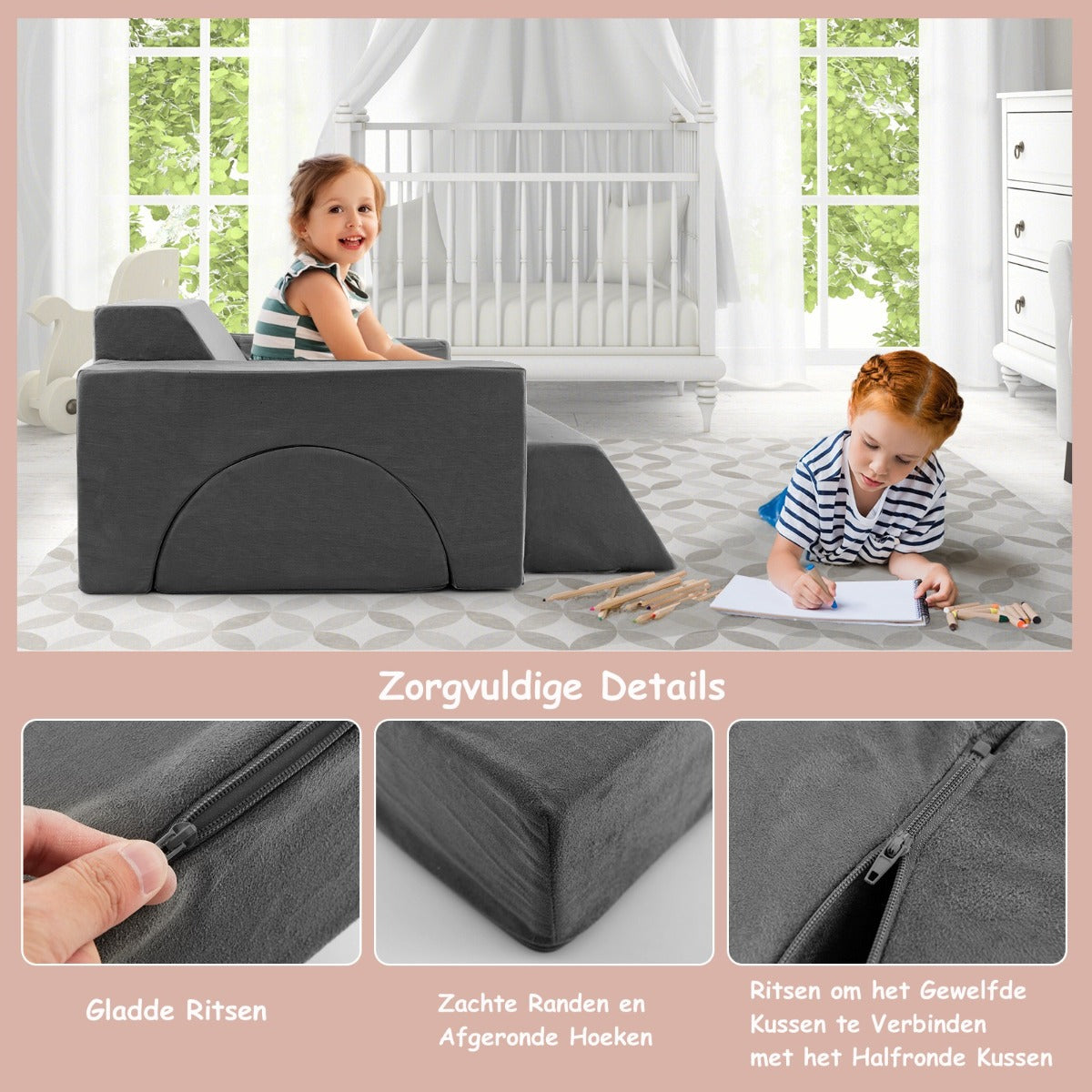 LIVSK Modulaire Kinderbank - 8-delige Set voor Creatieve Speelruimte - Afneembare Suède Hoezen - Comfortabele Spons - Grijs