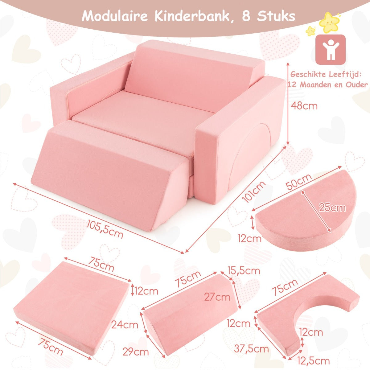 LIVSK Modulaire Kinderbank - 8-delige Set - Afneembare Suède Hoezen - Veerkrachtige Spons - Stimuleert Creativiteit - Roze