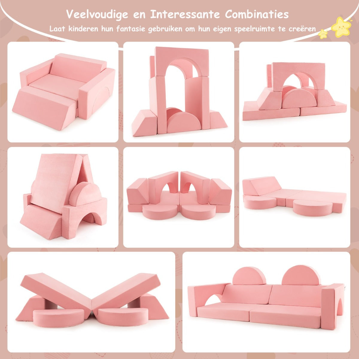 LIVSK Modulaire Kinderbank - 8-delige Set - Afneembare Suède Hoezen - Veerkrachtige Spons - Stimuleert Creativiteit - Roze