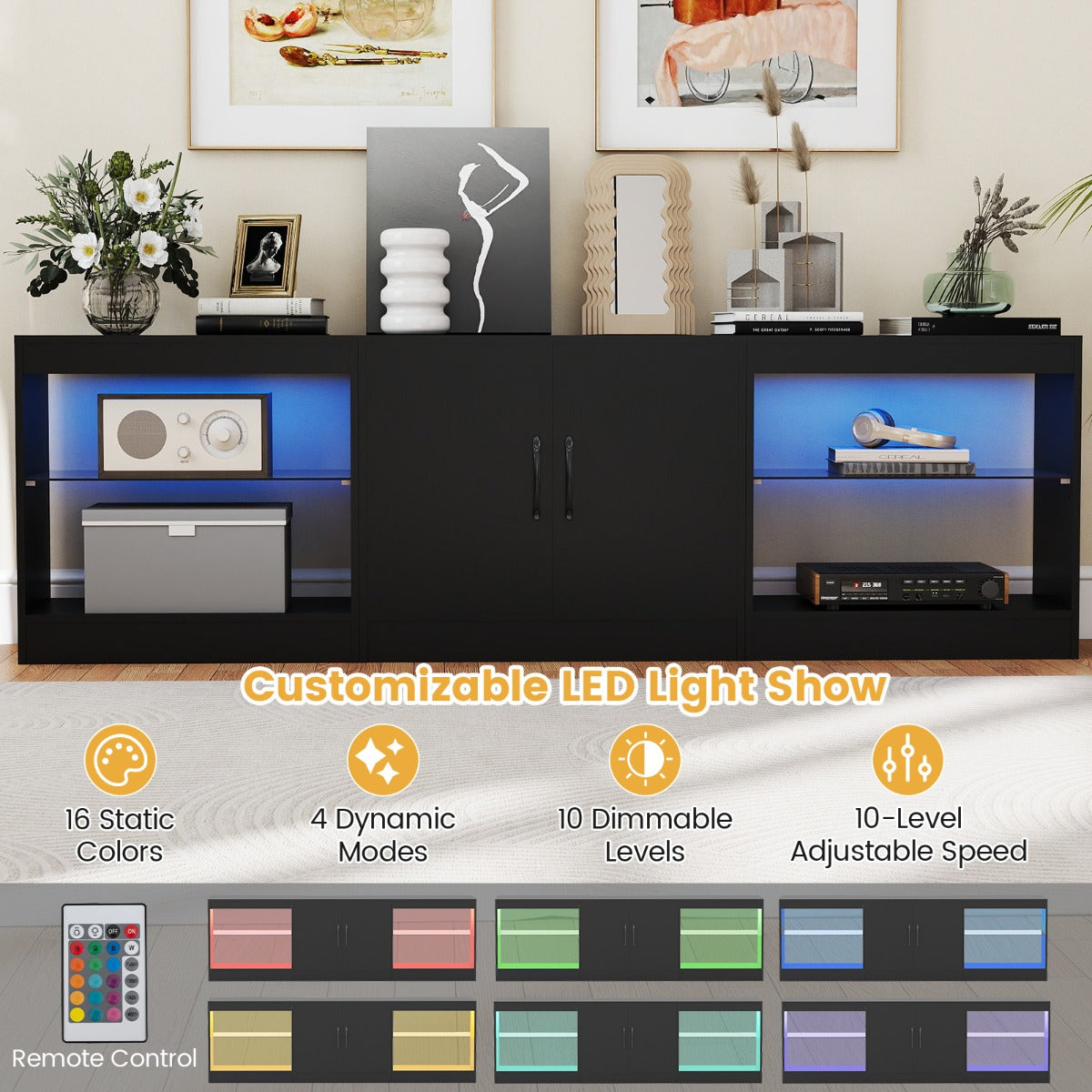 Livsk costway modulaire tv kast geschikt voor 85 inch televisies 3 in 1 tv kast zwart 3