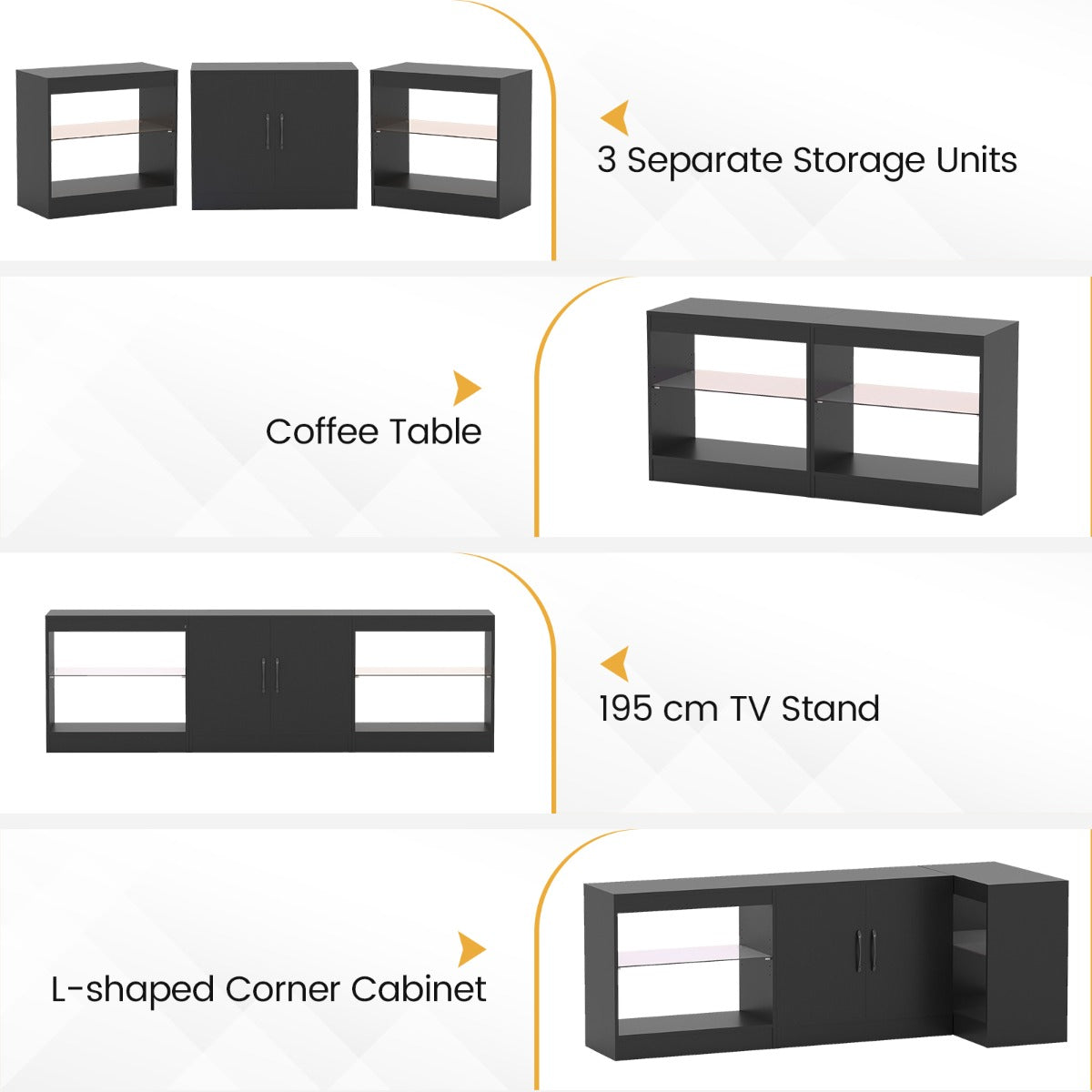 Livsk costway modulaire tv kast geschikt voor 85 inch televisies 3 in 1 tv kast zwart 4