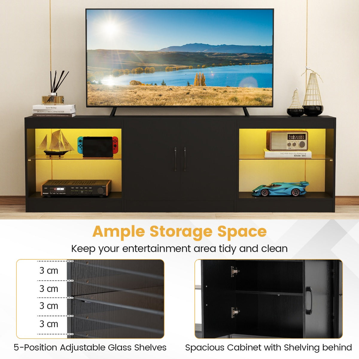 Livsk costway modulaire tv kast geschikt voor 85 inch televisies 3 in 1 tv kast zwart 5
