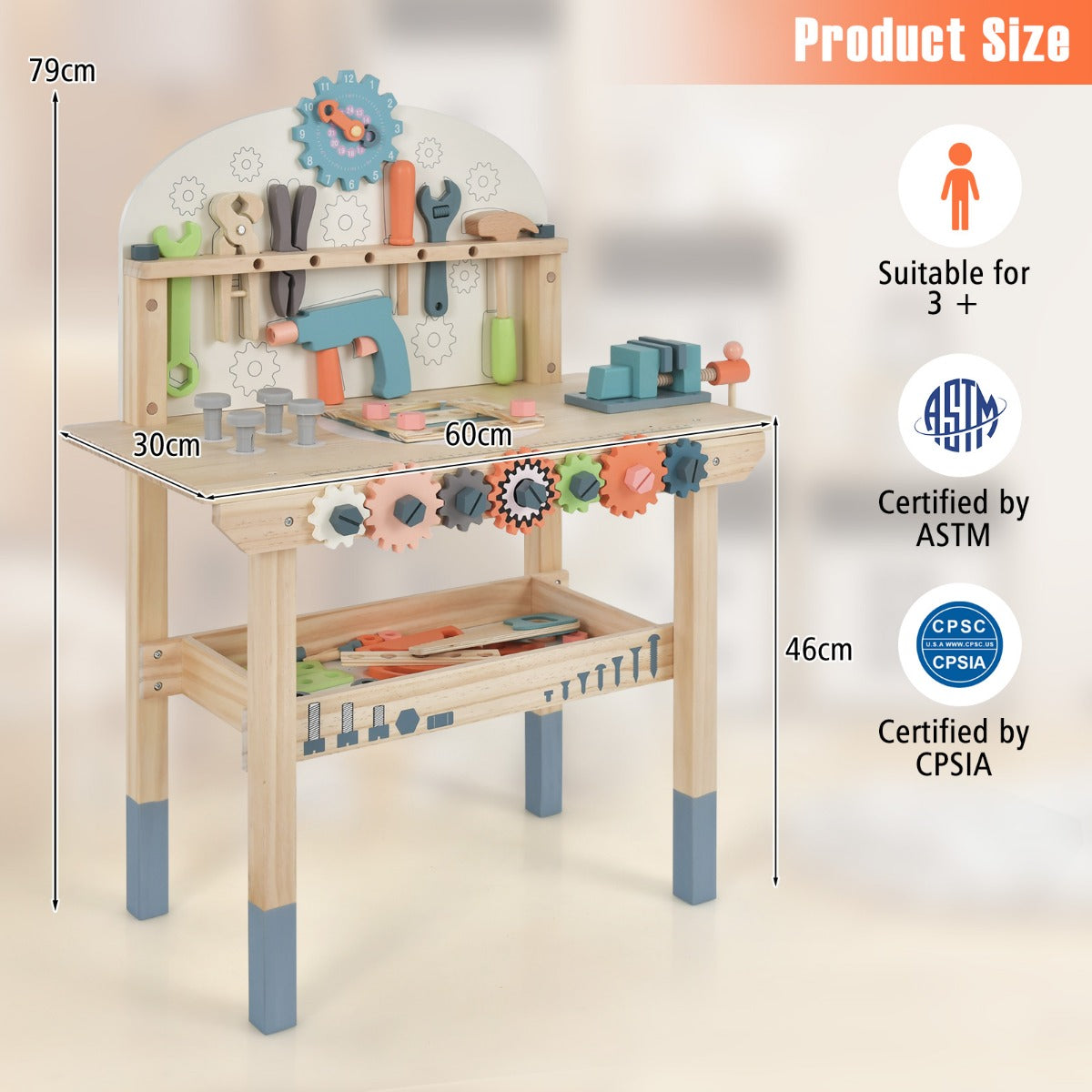 LIVSK Kinderwerkbank - Houten Speelwerkbank met 8 Gereedschappen en 53 Accessoires - Magnetisch Frame - 60 x 30 x 79 cm -