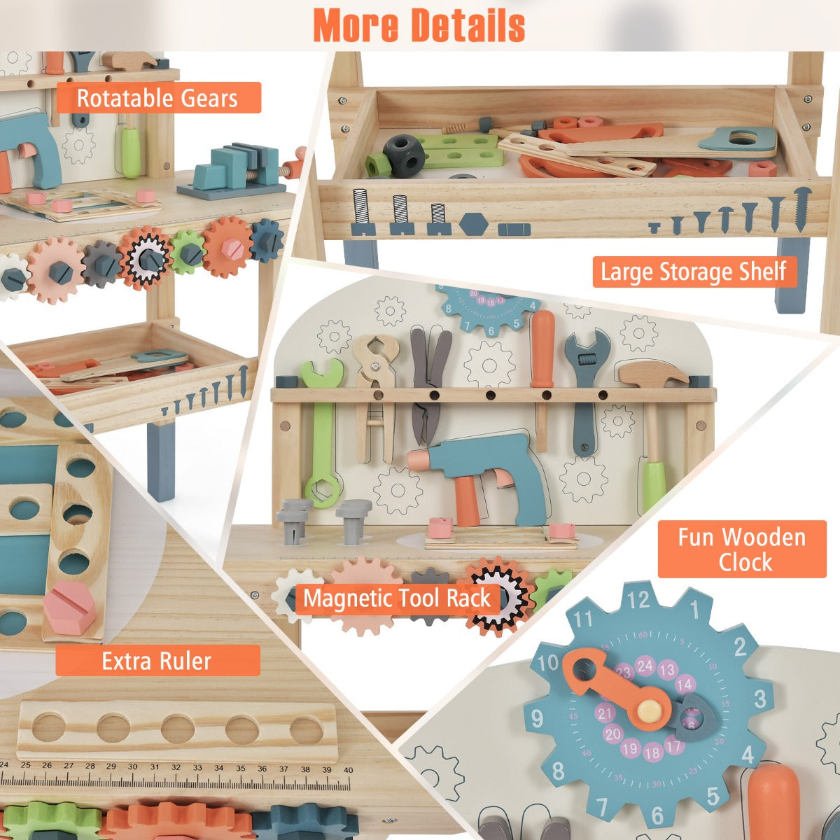 LIVSK Kinderwerkbank - Houten Speelwerkbank met 8 Gereedschappen en 53 Accessoires - Magnetisch Frame - 60 x 30 x 79 cm -