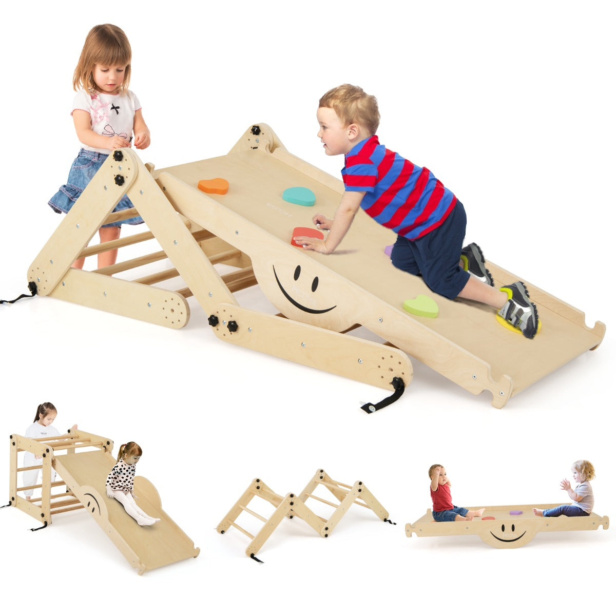 LIVSK 5-in-1 Klimset voor Kinderen - Verstelbare Ladder en Hellingsbaan - Opvouwbaar - Veilig Grenenhout - Tot 60 kg - Natuurlijk