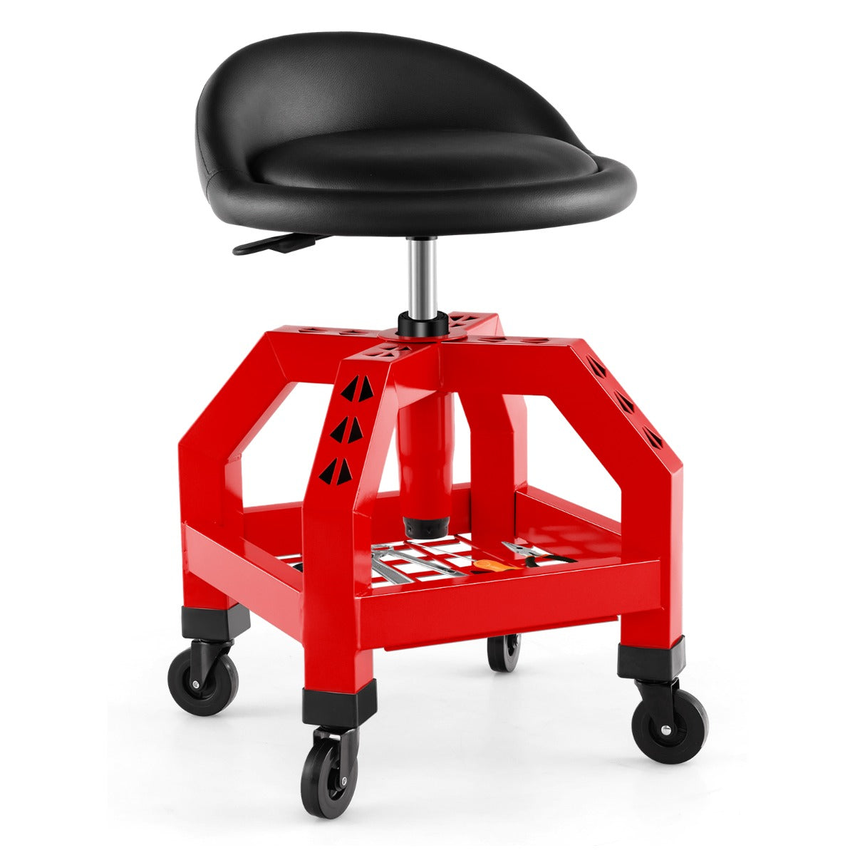 LIVSK Monteurskruk op Wielen - Hoogte Verstelbaar - Opbergvak voor Gereedschap - Comfortabele PVC Bekleding - Tot 150 kg - Rood