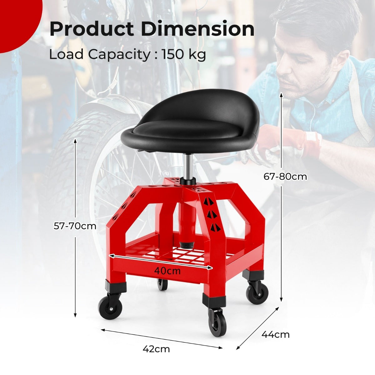 LIVSK Monteurskruk op Wielen - Hoogte Verstelbaar - Opbergvak voor Gereedschap - Comfortabele PVC Bekleding - Tot 150 kg - Rood