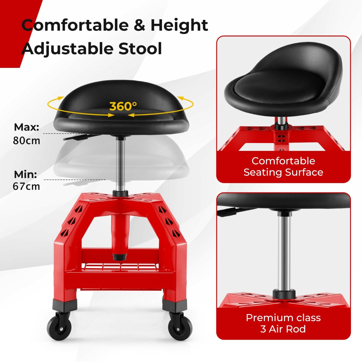 LIVSK Monteurskruk op Wielen - Hoogte Verstelbaar - Opbergvak voor Gereedschap - Comfortabele PVC Bekleding - Tot 150 kg - Rood