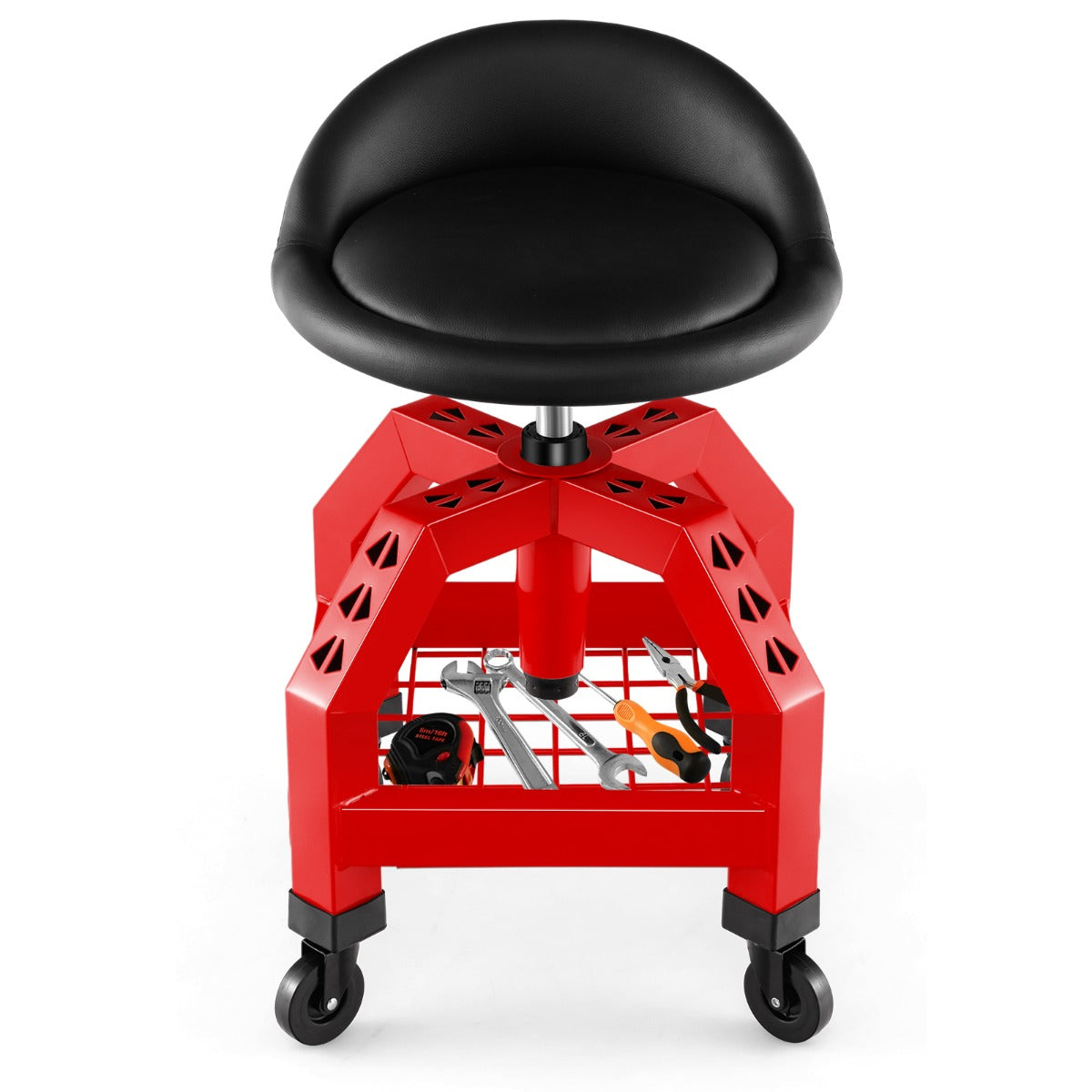 LIVSK Monteurskruk op Wielen - Hoogte Verstelbaar - Opbergvak voor Gereedschap - Comfortabele PVC Bekleding - Tot 150 kg - Rood