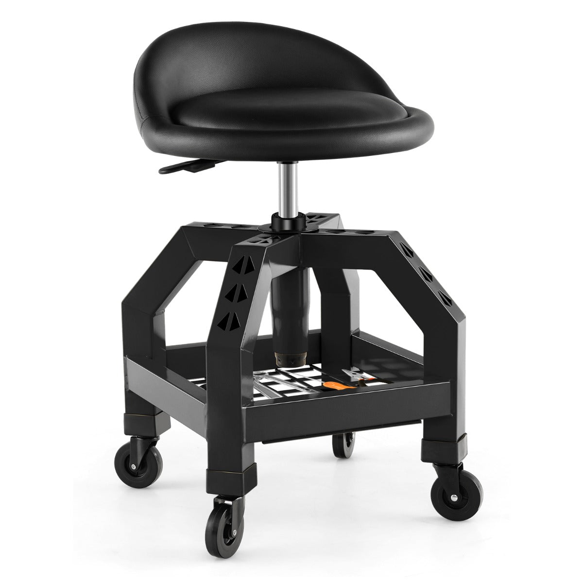 LIVSK Monteurskruk - Verstelbaar met Opbergbak - 4 Wielen - Draagvermogen 150 kg - Comfortabele PVC Bekleding - Zwart