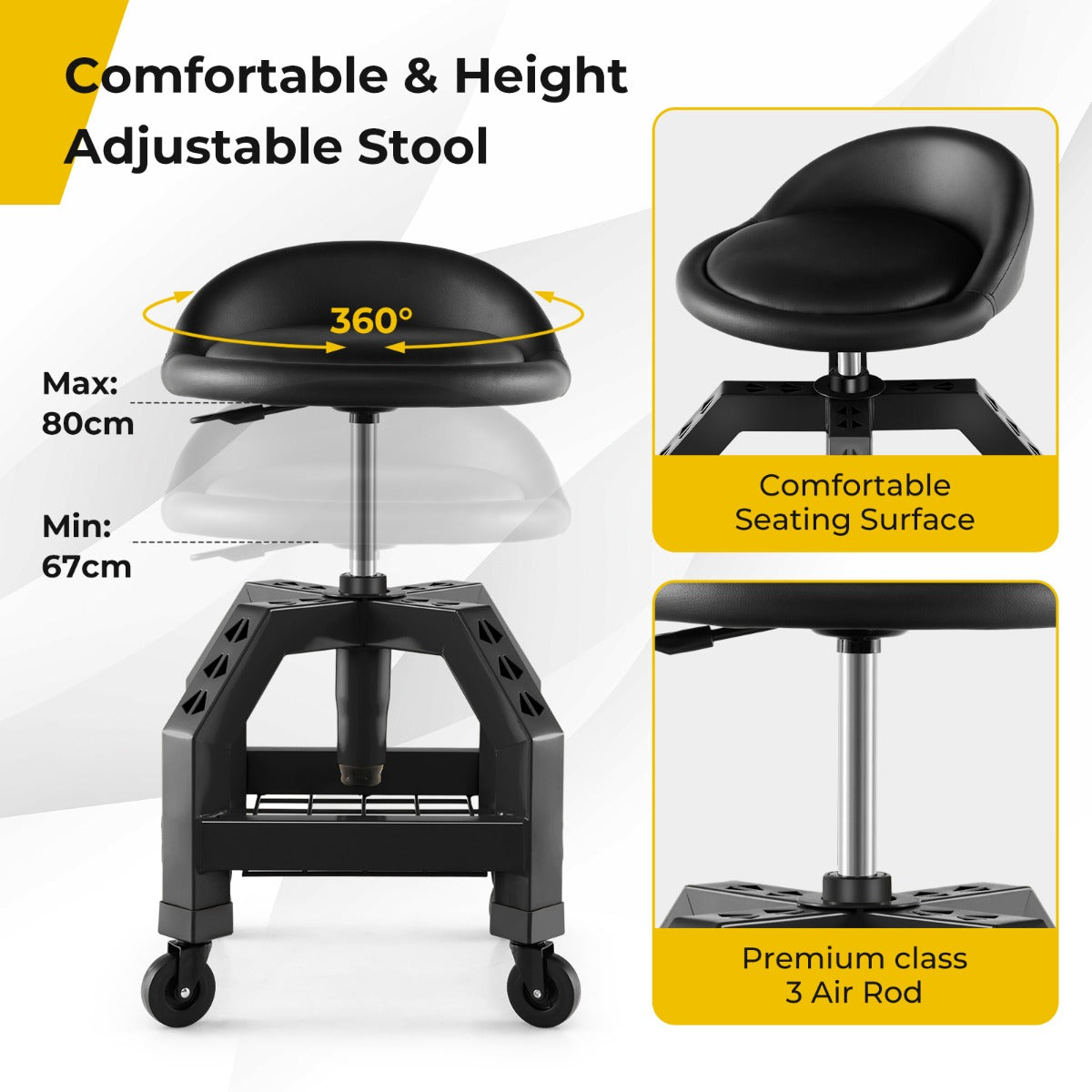 LIVSK Monteurskruk - Verstelbaar met Opbergbak - 4 Wielen - Draagvermogen 150 kg - Comfortabele PVC Bekleding - Zwart