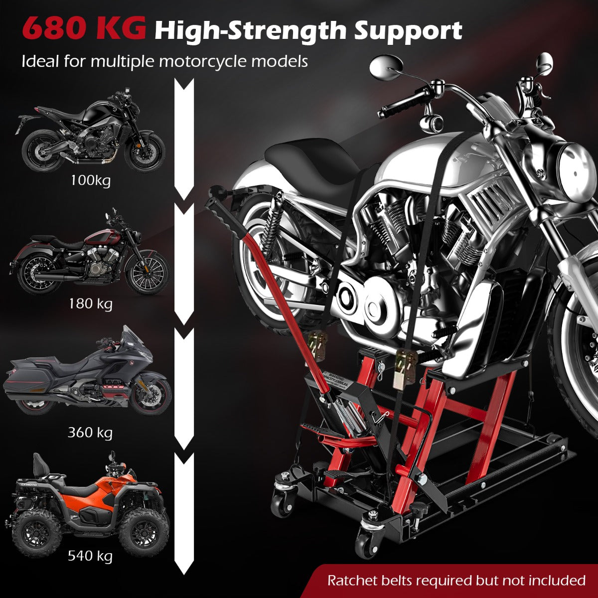 LIVSK Hydraulische Motorfietslift - Tot 680 kg - Hoogte Verstelbaar van 12 tot 38,5 cm - Eenvoudige Bediening - Zwart