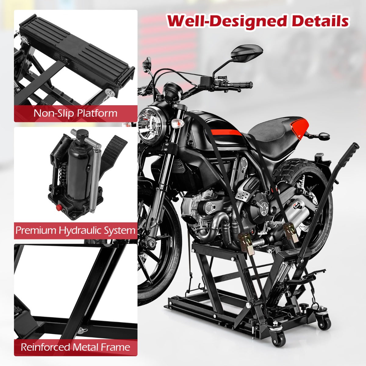Livsk costway motorhefbrug motorfietslift tot 680 kg 3 traps in hoogte verstelbaar hydraulische motorhefbrug voor motorfietsen atvs en quads zwart 6