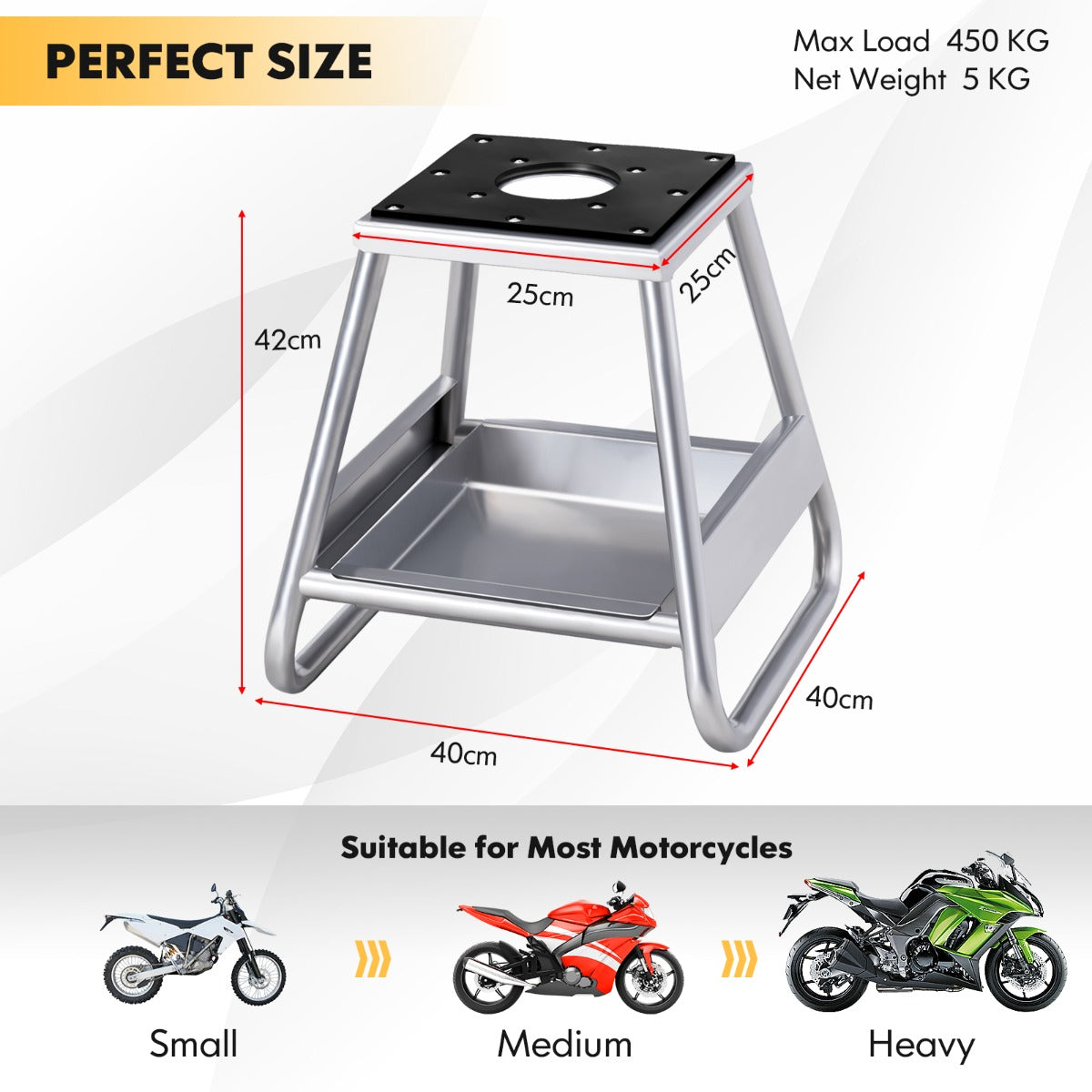 LIVSK Motorcrossliftstandaard - Antislip - Afneembaar Oliecarter - Draagbaar - Tot 450 kg - Zilver