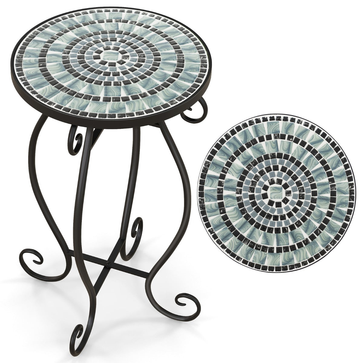 LIVSK Mozaïek Bijzettafel - Weerbestendig Keramisch Tafelblad - Roestbestendig Metaal - Compact 30 x 30 x 50 cm - Zwart