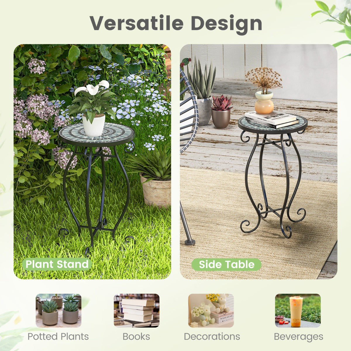 LIVSK Mozaïek Bijzettafel - Weerbestendig Keramisch Tafelblad - Roestbestendig Metaal - Compact 30 x 30 x 50 cm - Zwart