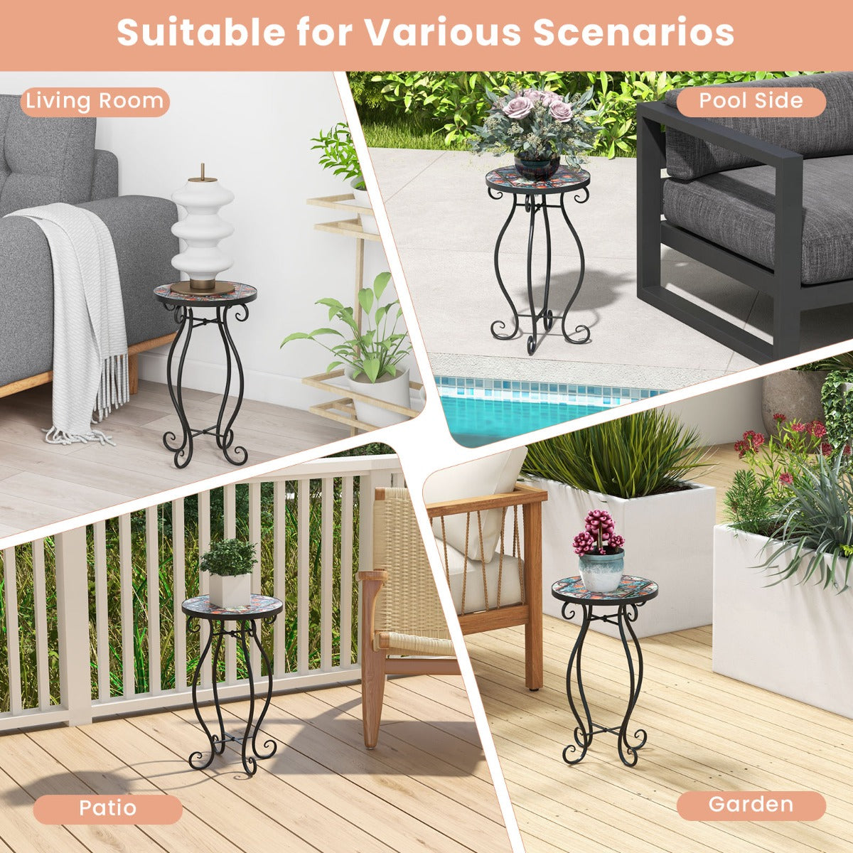 LIVSK Mozaïek Bijzettafel - Bloemenmotieven - Stevig Metaal - Voor Binnen en Buiten - Eenvoudige Montage - 30 x 50 cm - Zoals