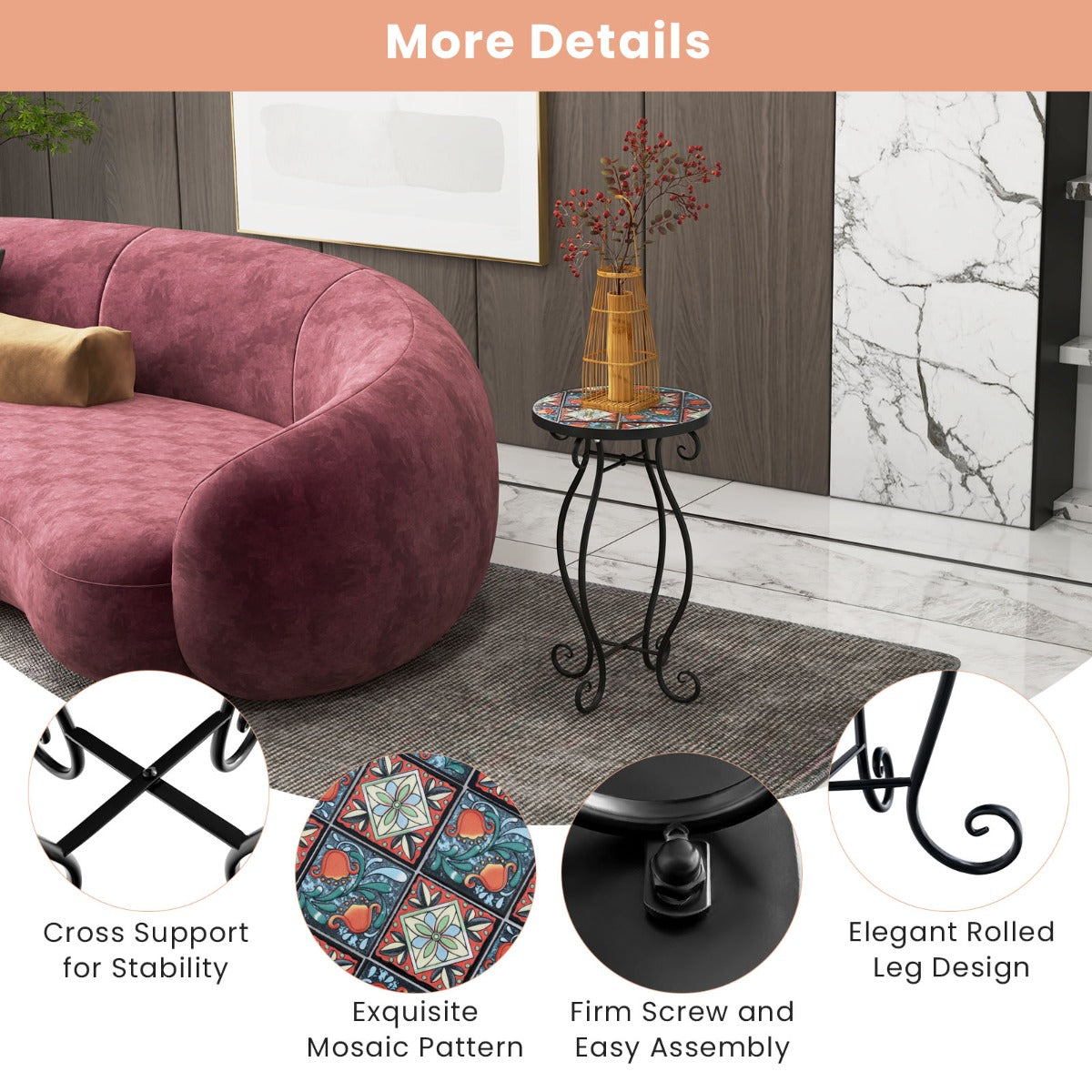 LIVSK Mozaïek Bijzettafel - Bloemenmotieven - Stevig Metaal - Voor Binnen en Buiten - Eenvoudige Montage - 30 x 50 cm - Zoals