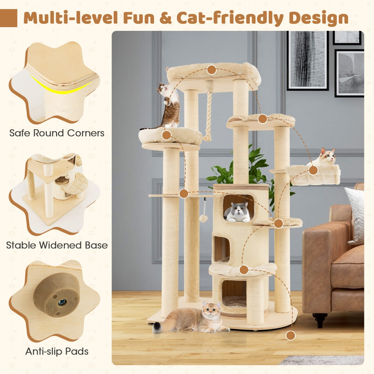 LIVSK Kattentoren voor Binnenkatten - All-in-1 Speelcentrum met 3 Verdiepingen - Zachte Kussens - Stabiel - Beige