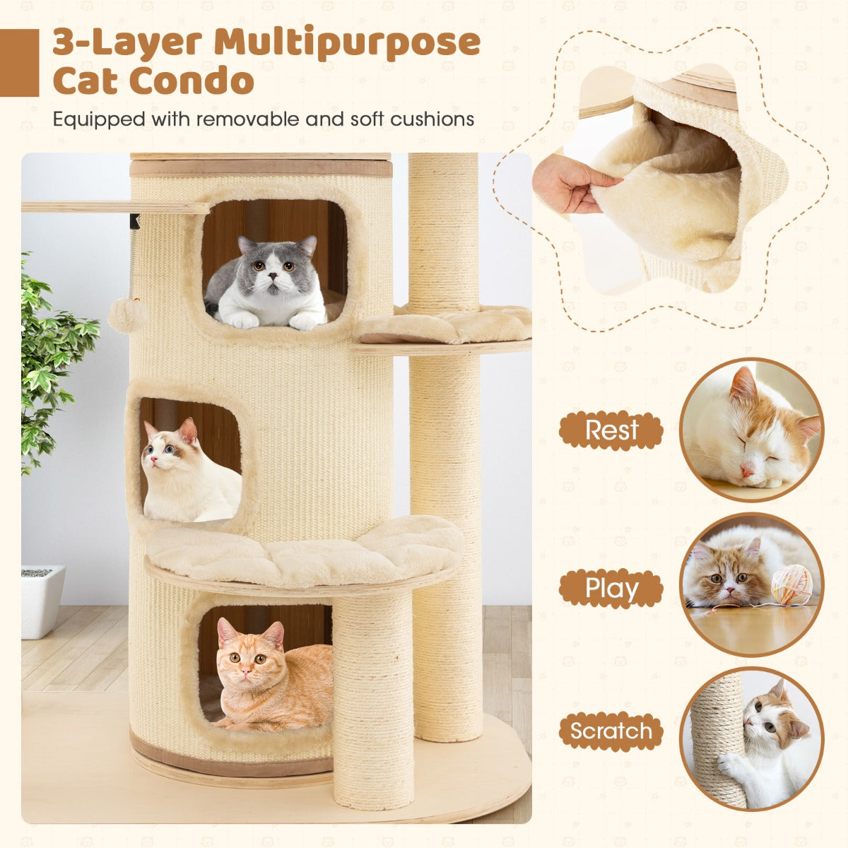 LIVSK Kattentoren voor Binnenkatten - All-in-1 Speelcentrum met 3 Verdiepingen - Zachte Kussens - Stabiel - Beige