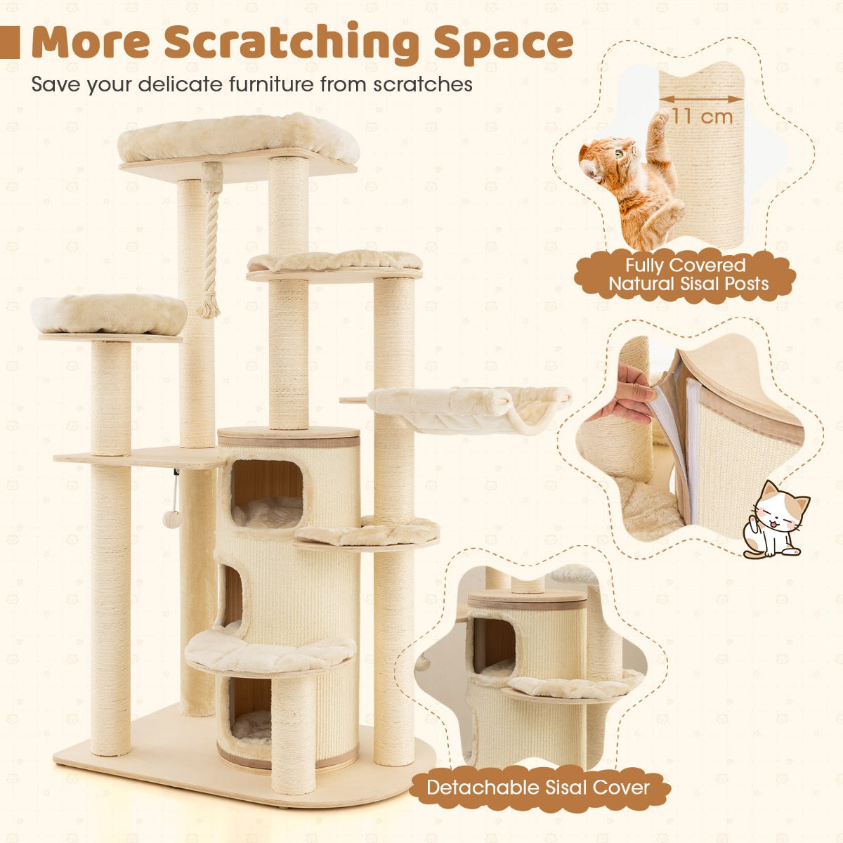 LIVSK Kattentoren voor Binnenkatten - All-in-1 Speelcentrum met 3 Verdiepingen - Zachte Kussens - Stabiel - Beige