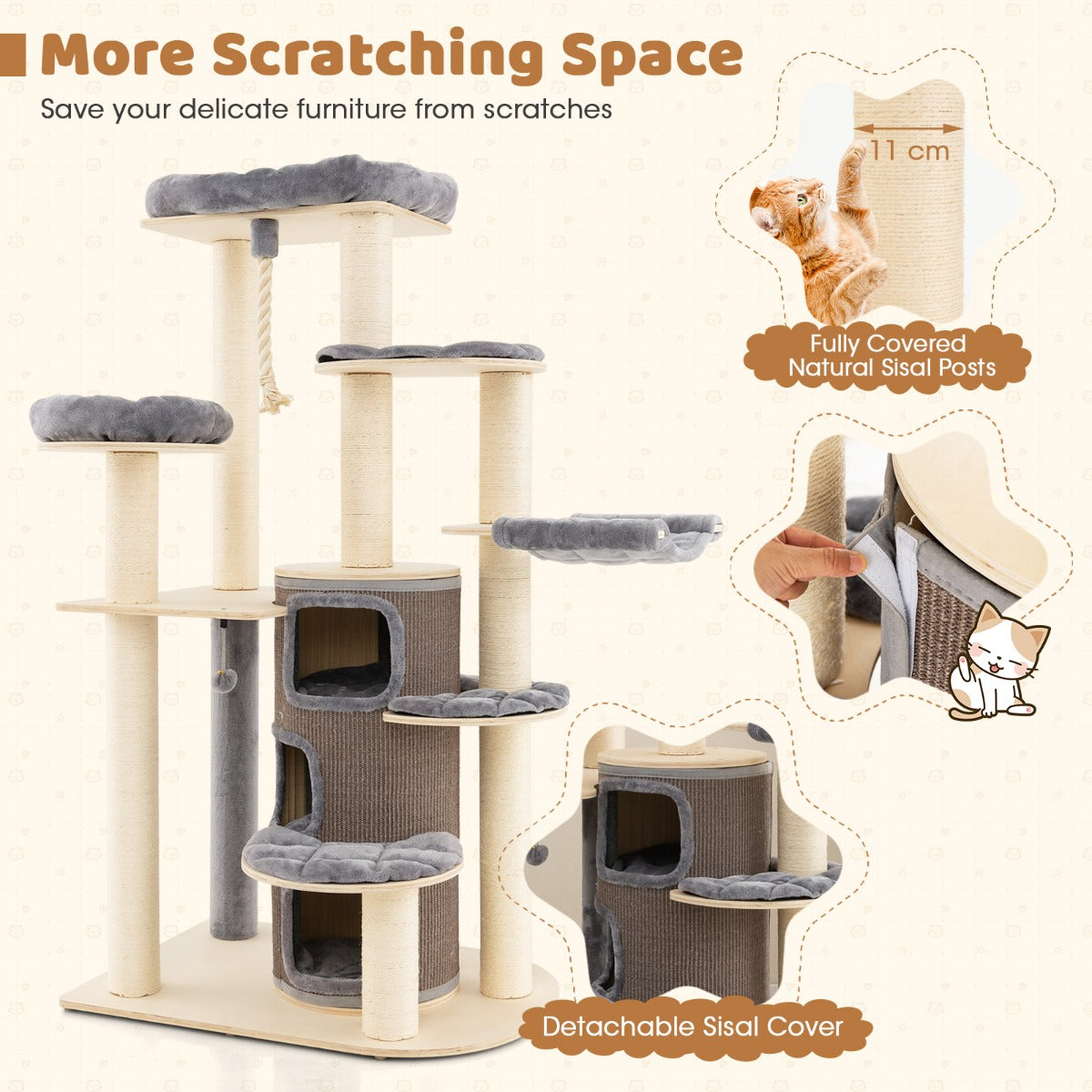 LIVSK Kattentoren met 3 Verdieningen - Speelcentrum met Zitstokken en Condo's - Stevig en Comfortabel - Beige + Grijs