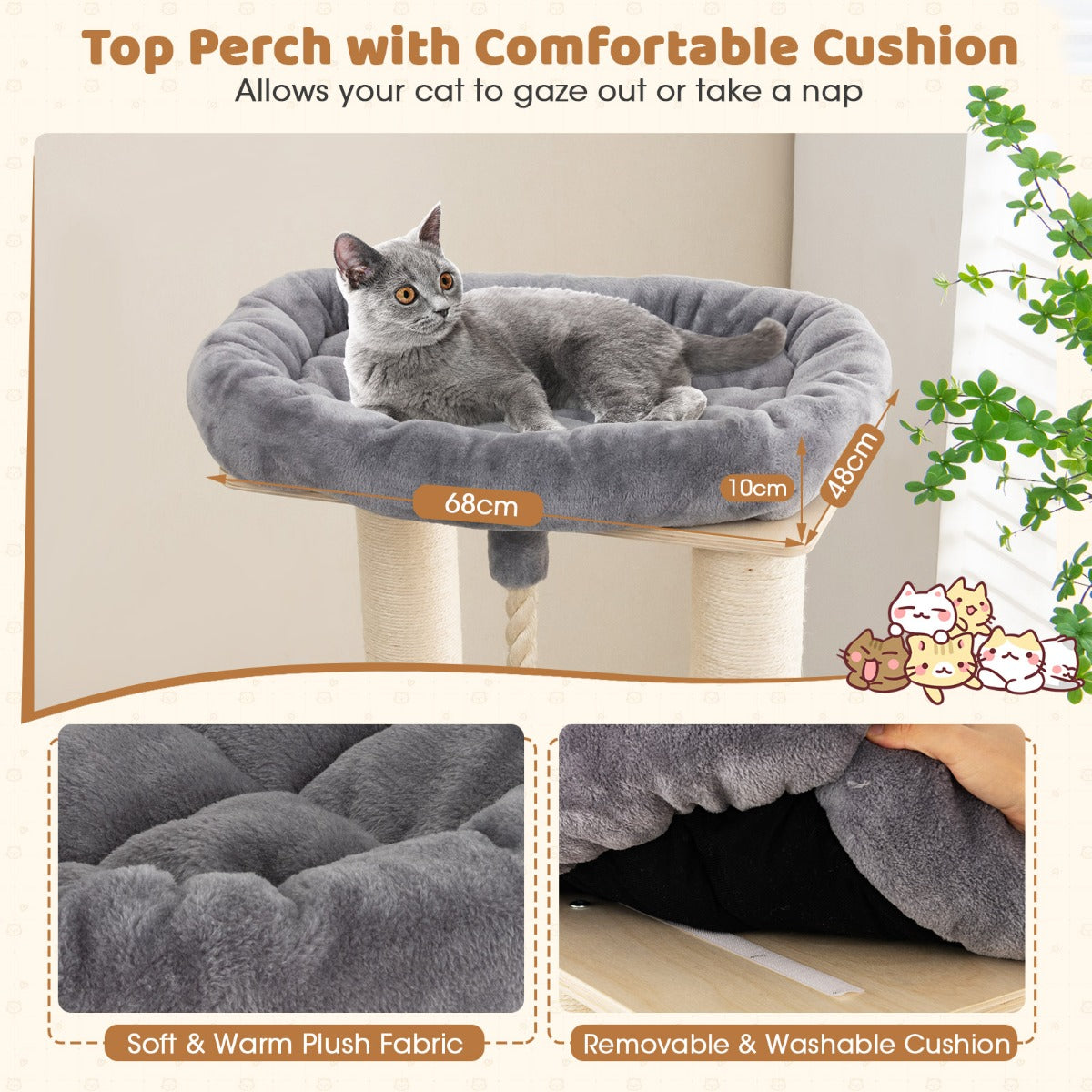 LIVSK Kattentoren met 3 Verdieningen - Speelcentrum met Zitstokken en Condo's - Stevig en Comfortabel - Beige + Grijs