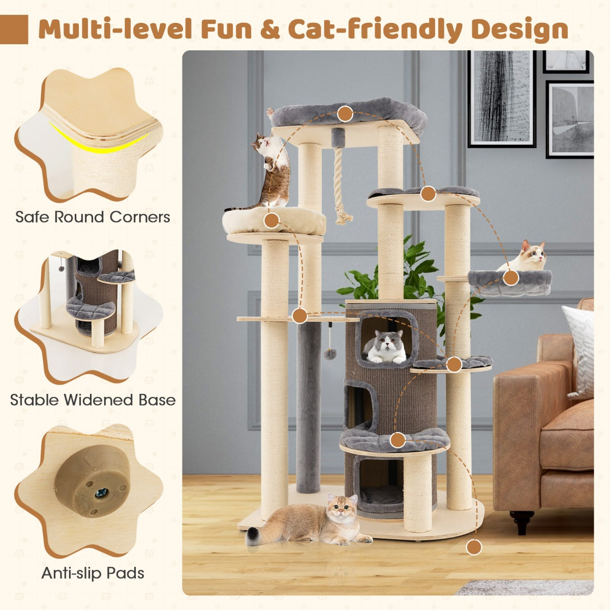 LIVSK Kattentoren met 3 Verdieningen - Speelcentrum met Zitstokken en Condo's - Stevig en Comfortabel - Beige + Grijs