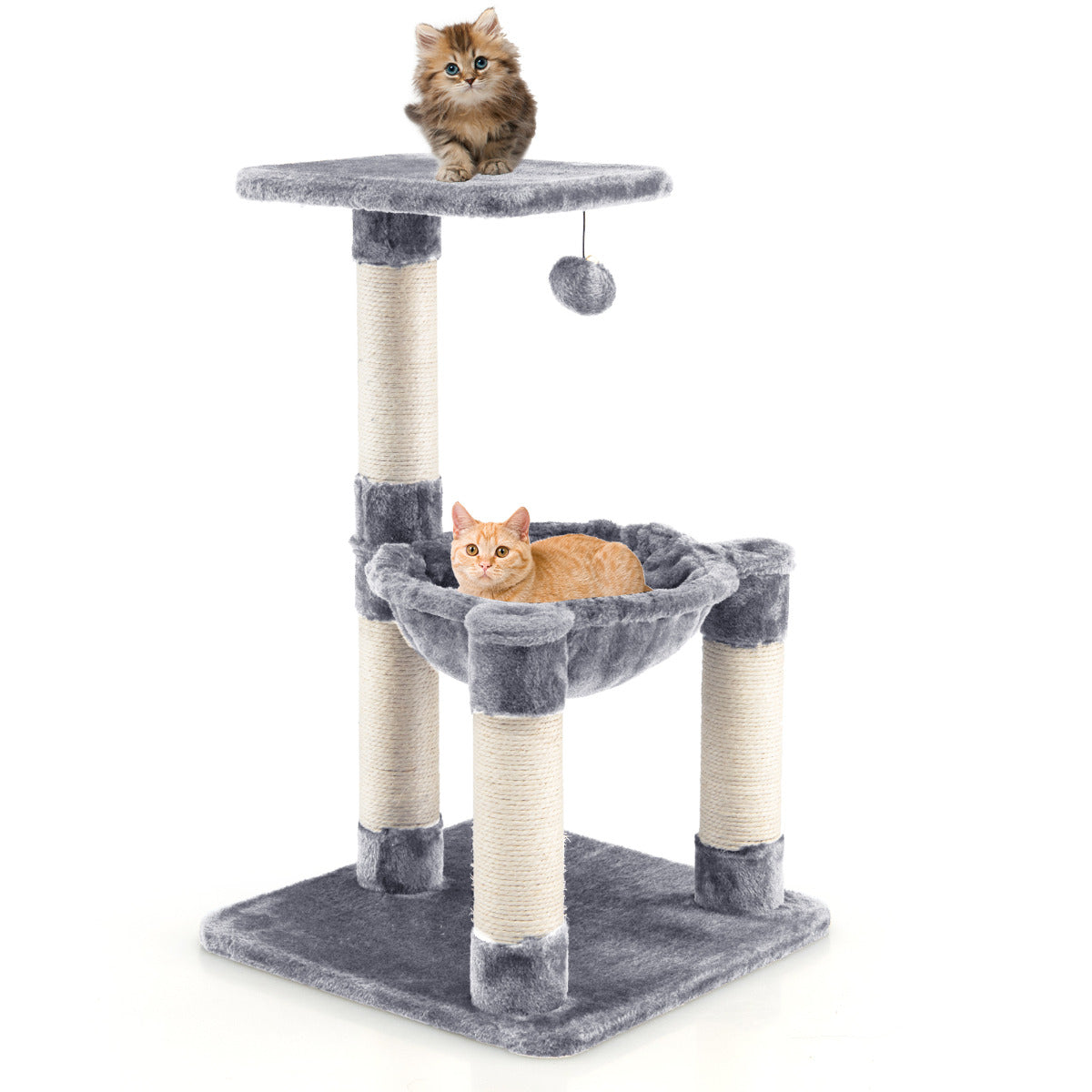 LIVSK Kattenklimboom - Drie Niveaus met Comfortabele Hangmat - Sisalpalen en Pluche Bal - Tot 10 kg - Grijs