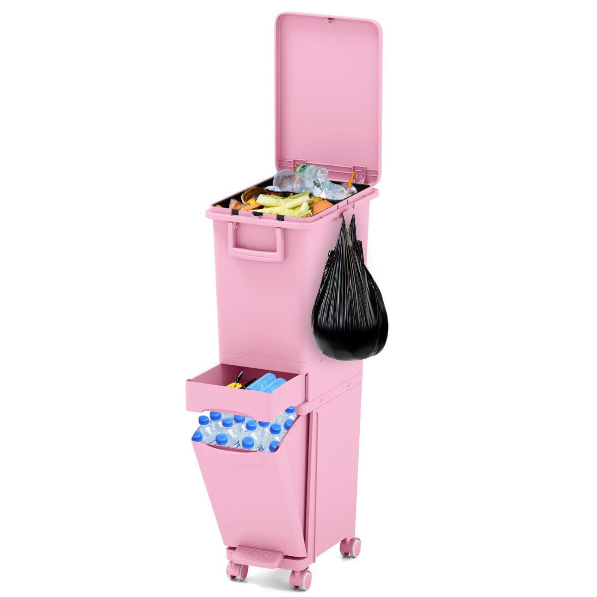 LIVSK Multifunctionele Afvalbak - 3 Compartimenten - Ergonomisch - Met Wieltjes - Duurzaam PP - 36 x 25 x 84 cm - Roze