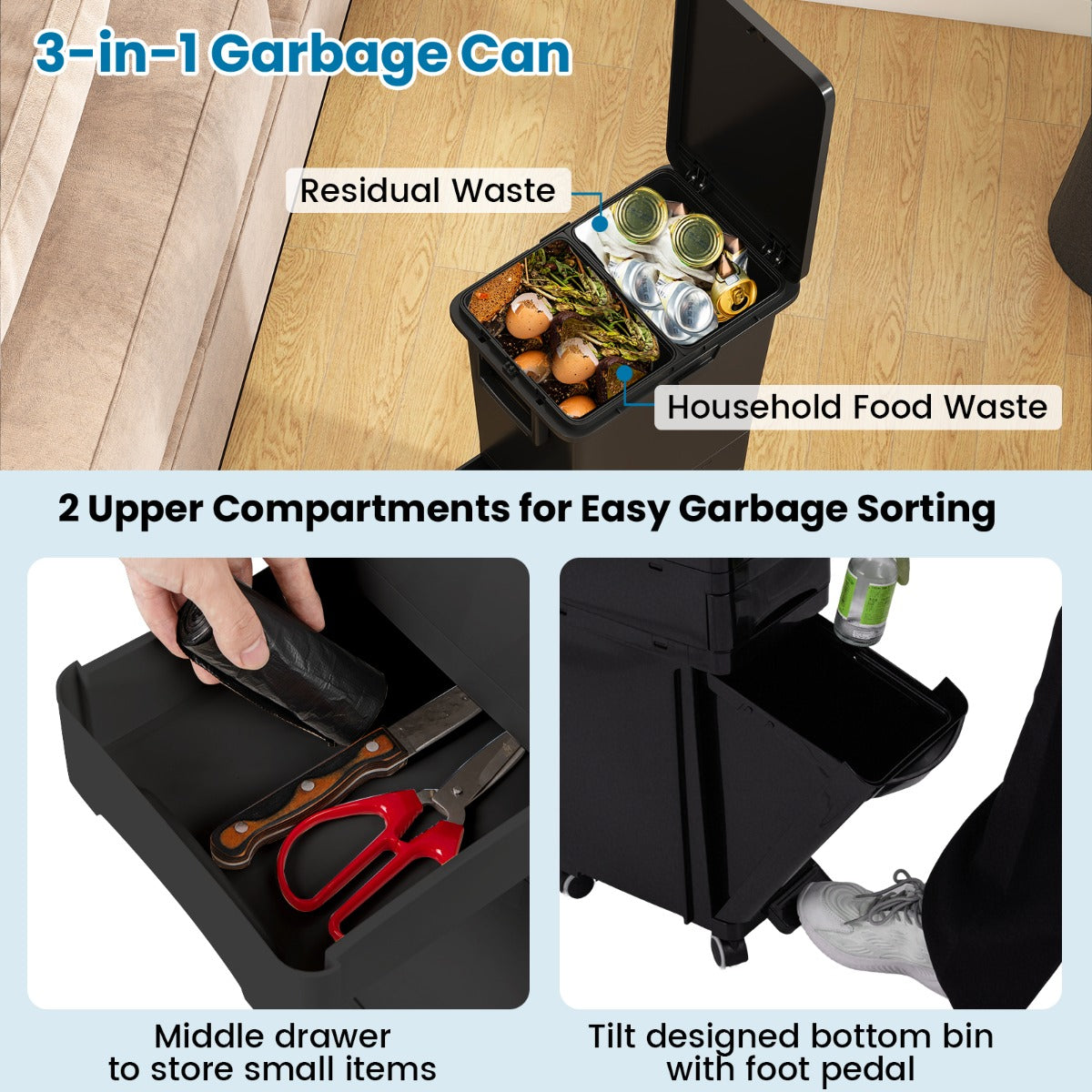Livsk costway multifunctionele afvalbak keukenafvalbak plastic pedaalemmer zwart 3