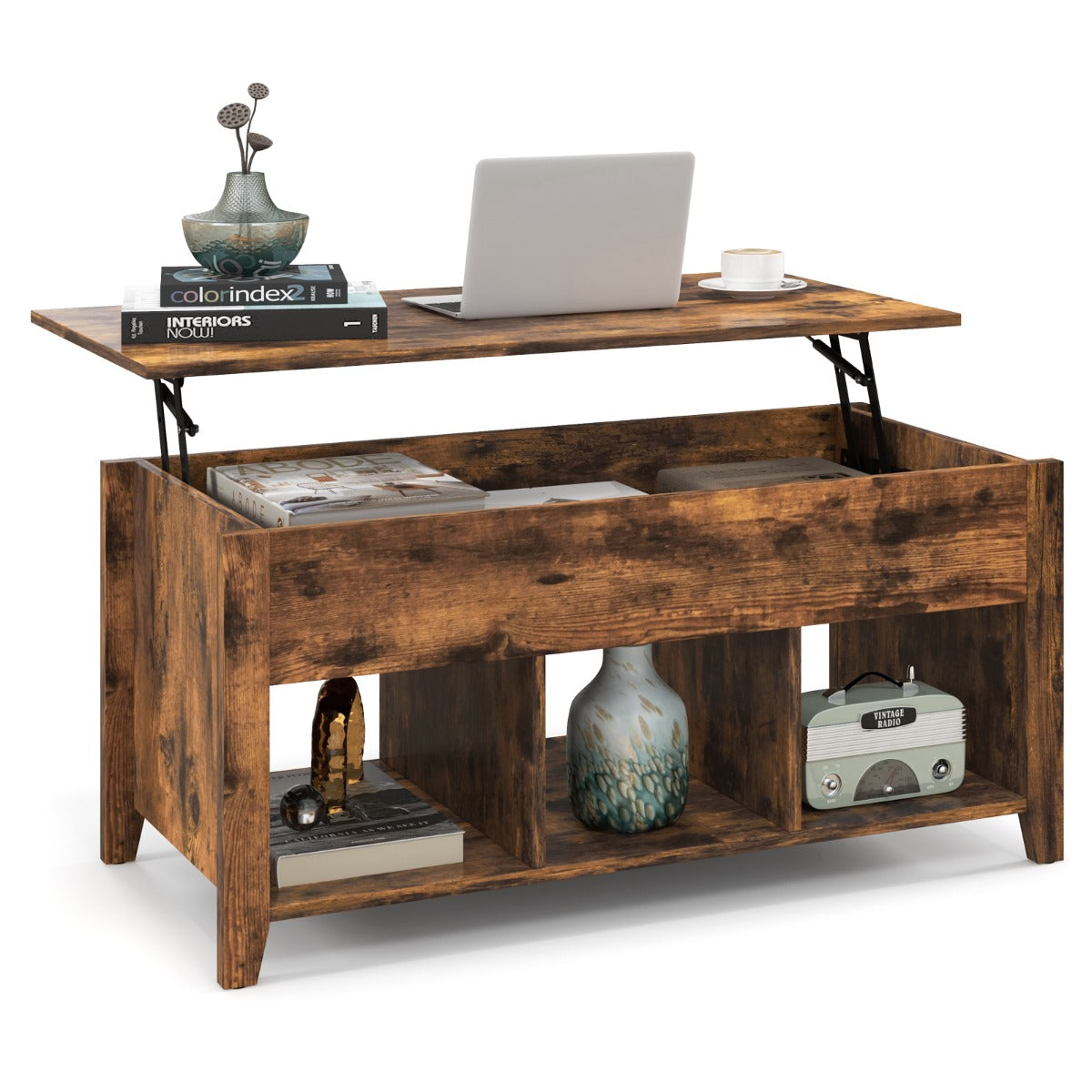 LIVSK Multifunctionele Salontafel - Verstelbaar Tafelblad - Verborgen Opbergruimte - Drie Open Planken - Modern Design - Bruin
