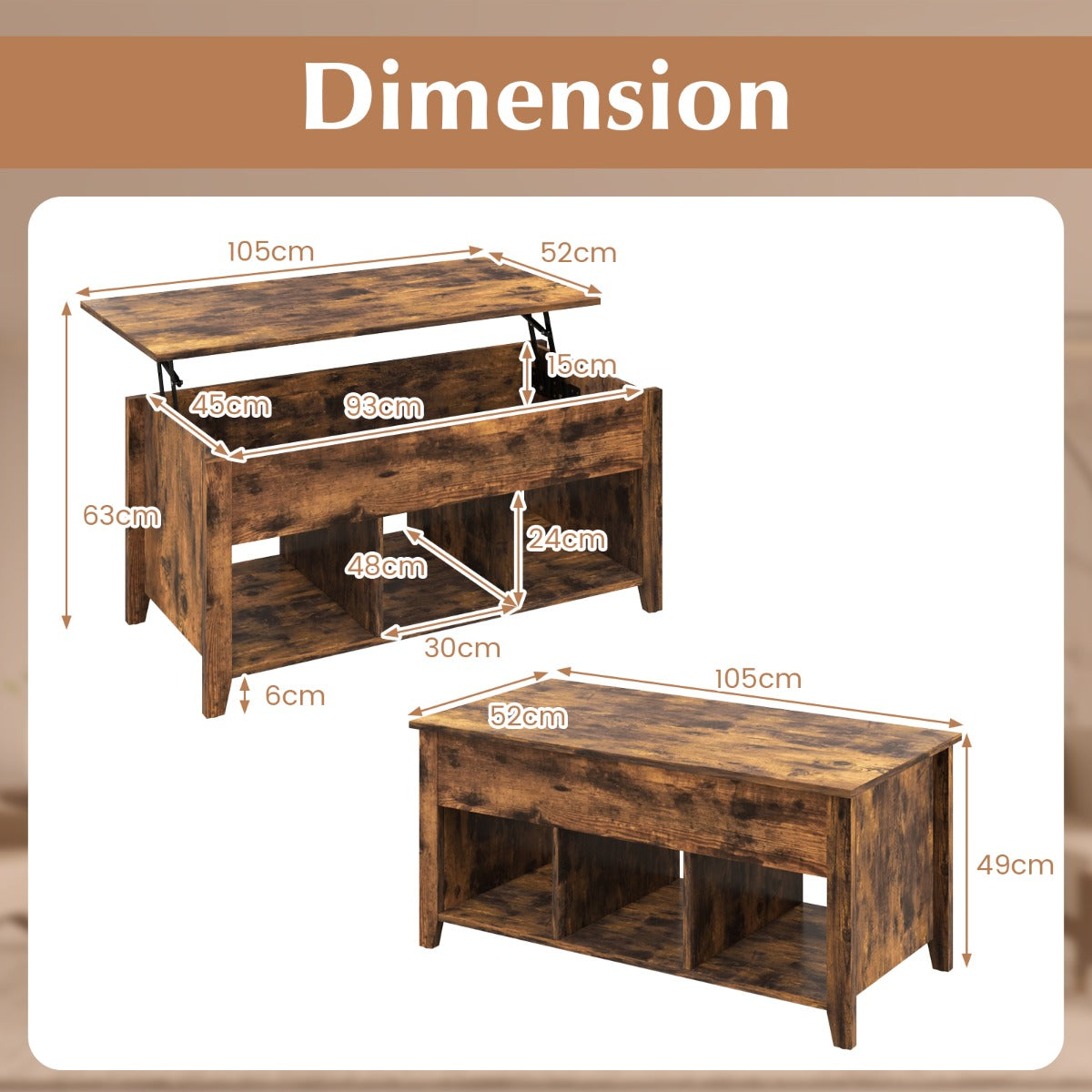 LIVSK Multifunctionele Salontafel - Verstelbaar Tafelblad - Verborgen Opbergruimte - Drie Open Planken - Modern Design - Bruin