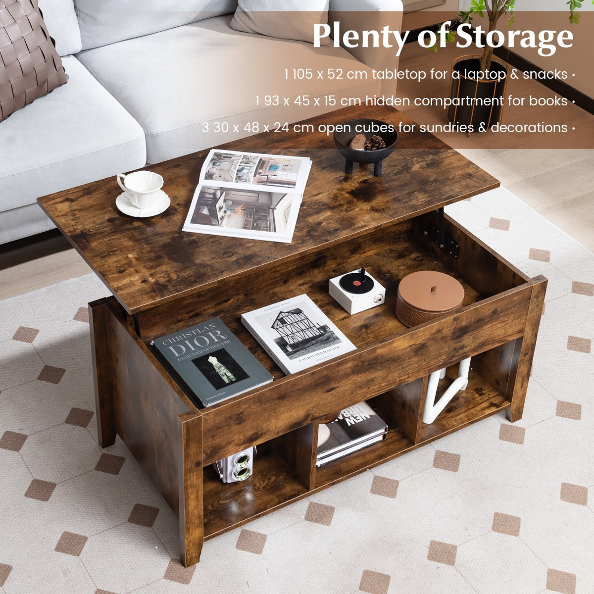 LIVSK Multifunctionele Salontafel - Verstelbaar Tafelblad - Verborgen Opbergruimte - Drie Open Planken - Modern Design - Bruin