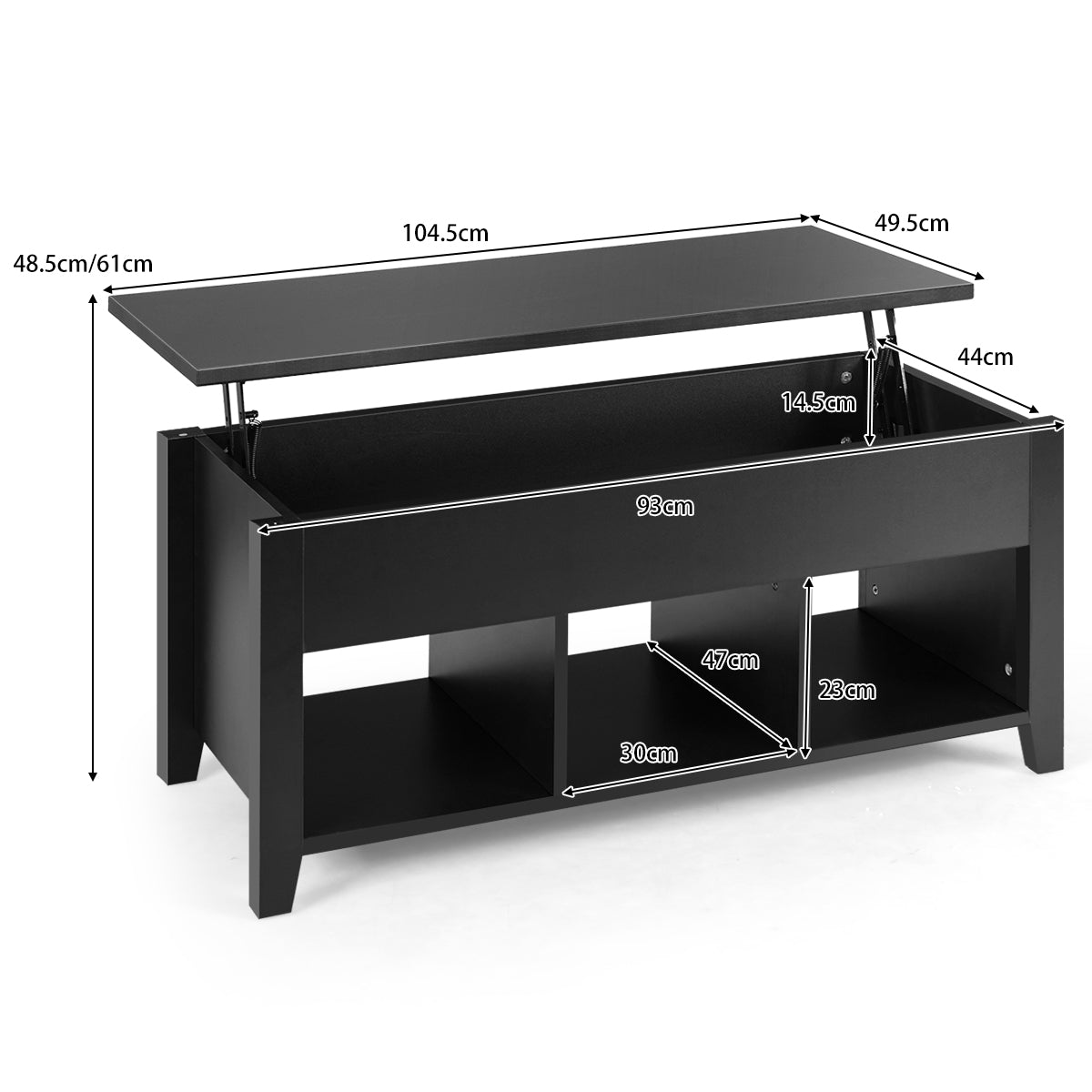 LIVSK Salontafel met Tilbaar Tafelblad - Verborgen Opbergruimte - Drie Open Planken - Modern Design - Spaanplaat - Zwart