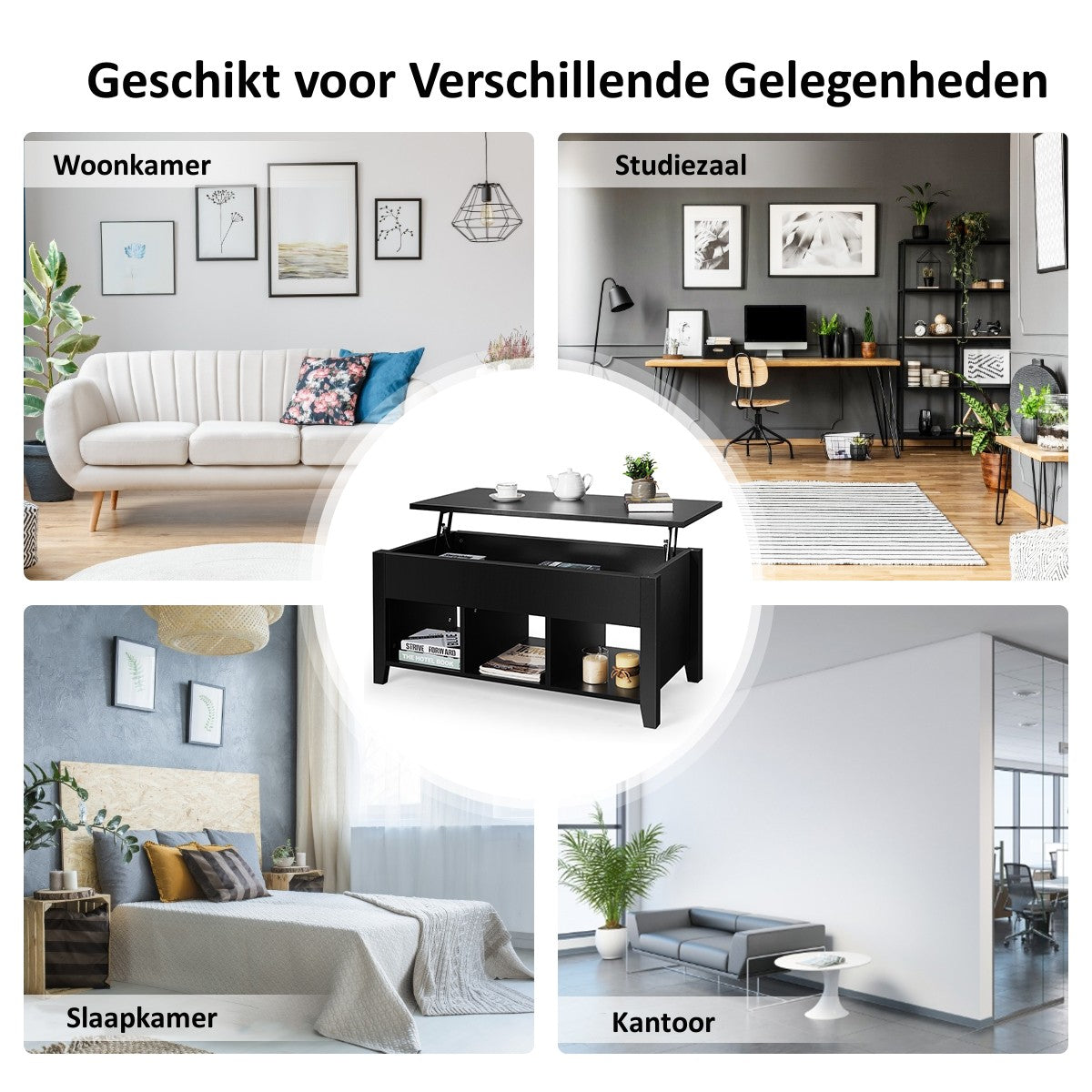 LIVSK Salontafel met Tilbaar Tafelblad - Verborgen Opbergruimte - Drie Open Planken - Modern Design - Spaanplaat - Zwart