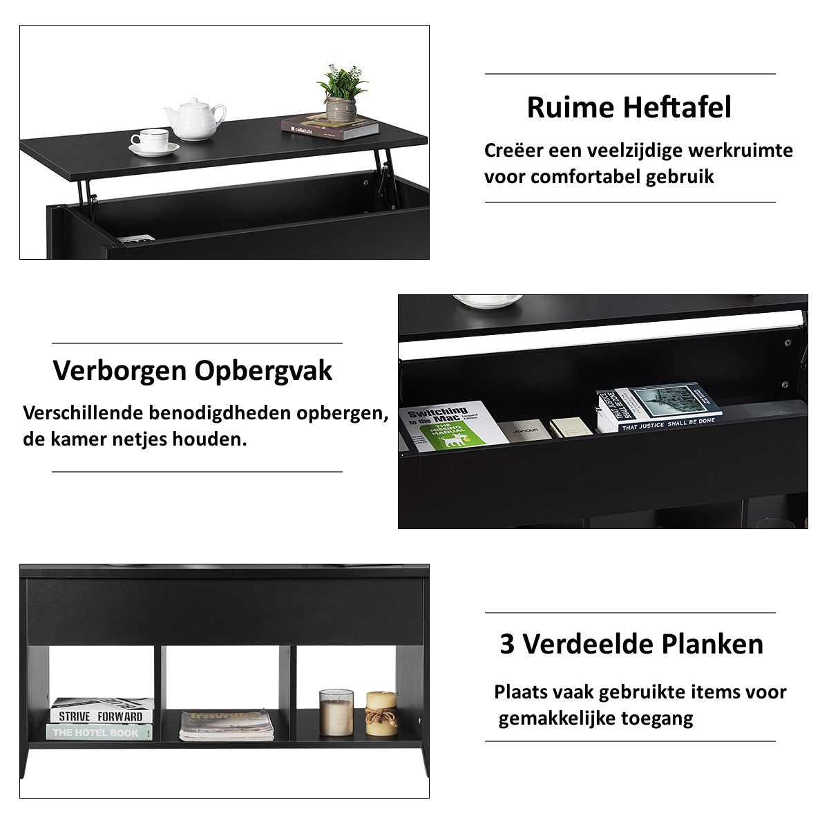 LIVSK Salontafel met Tilbaar Tafelblad - Verborgen Opbergruimte - Drie Open Planken - Modern Design - Spaanplaat - Zwart