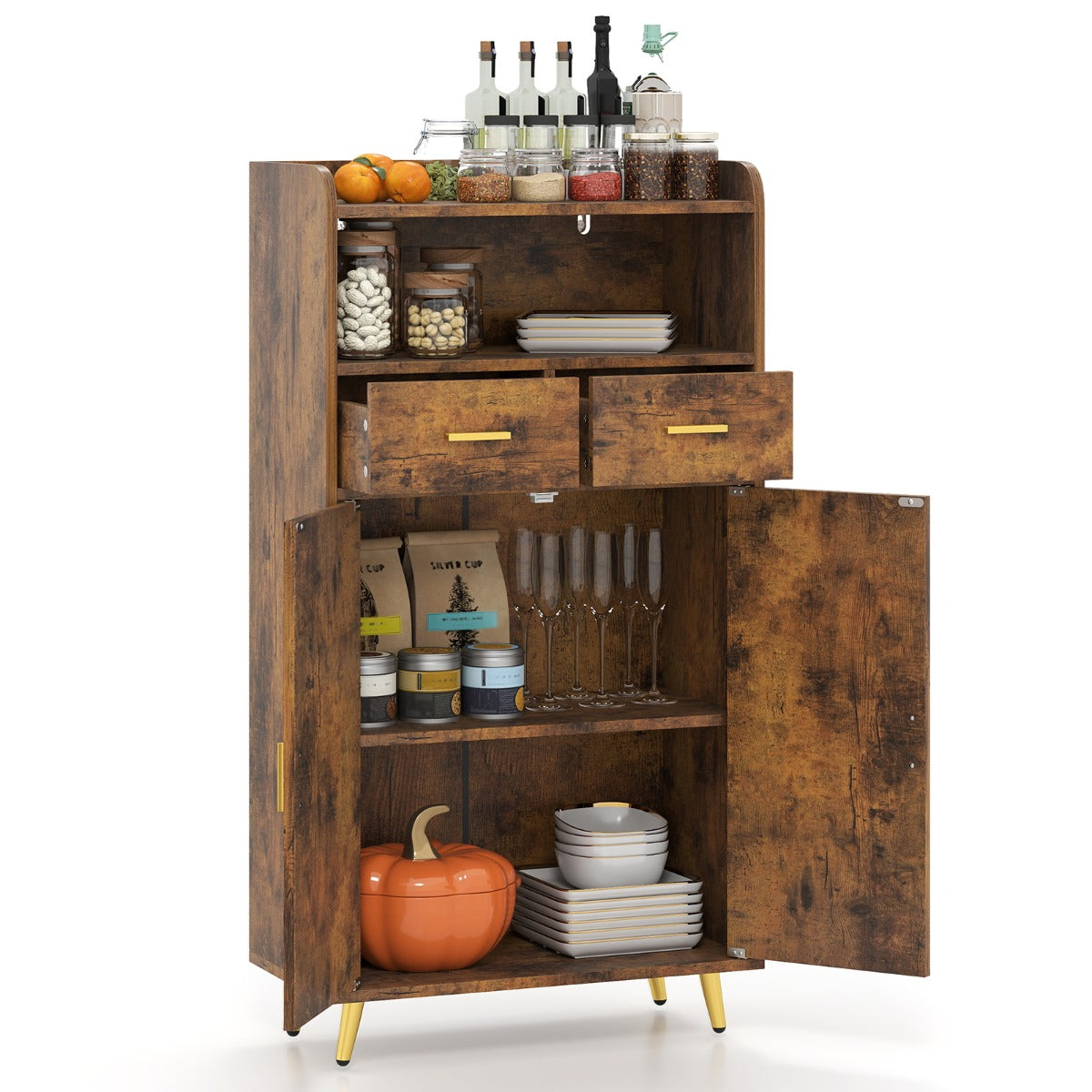 LIVSK Opbergkast met Verstelbare Plank - Werkblad, Open Vak, 2 Lades - Elegant en Praktisch - 60 x 30 x 113 cm - Bruin