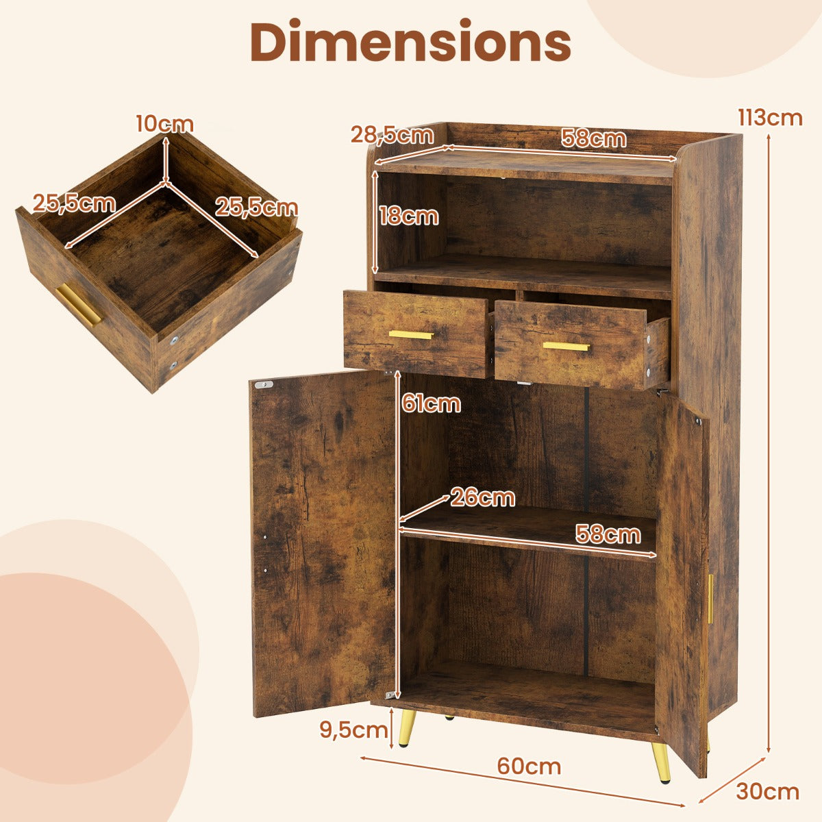 LIVSK Opbergkast met Verstelbare Plank - Werkblad, Open Vak, 2 Lades - Elegant en Praktisch - 60 x 30 x 113 cm - Bruin