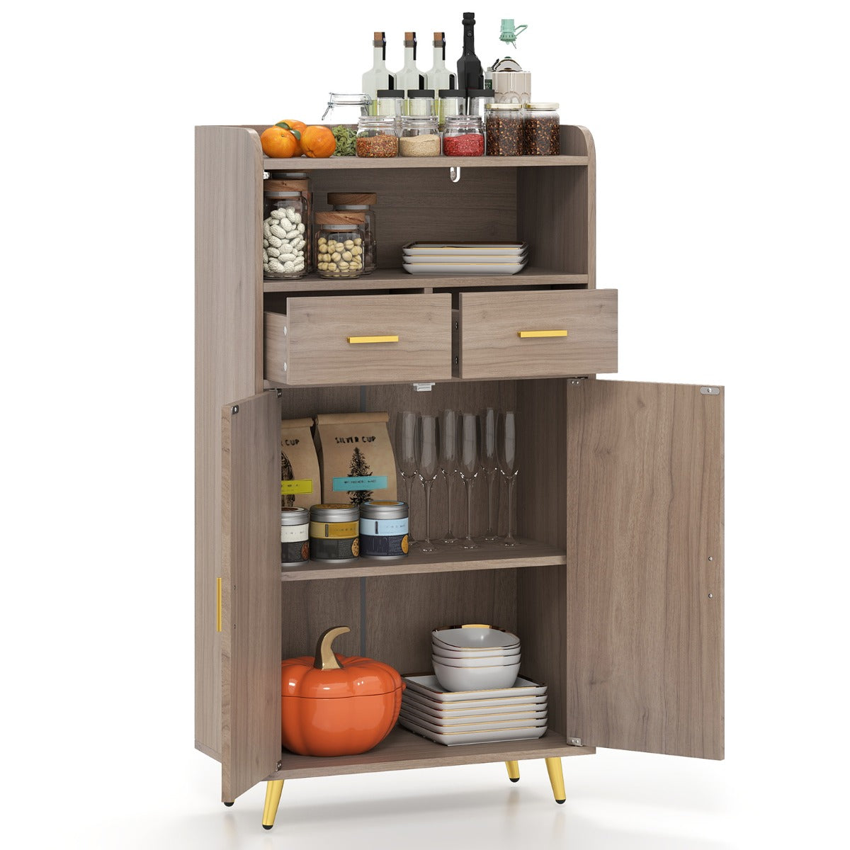 LIVSK Multifunctionele Keukenkast - Werkblad - 2 Lades - 3-voudig Verstelbare Plank - Anti-kantelsets - 60 x 30 x 113 cm - Grijs