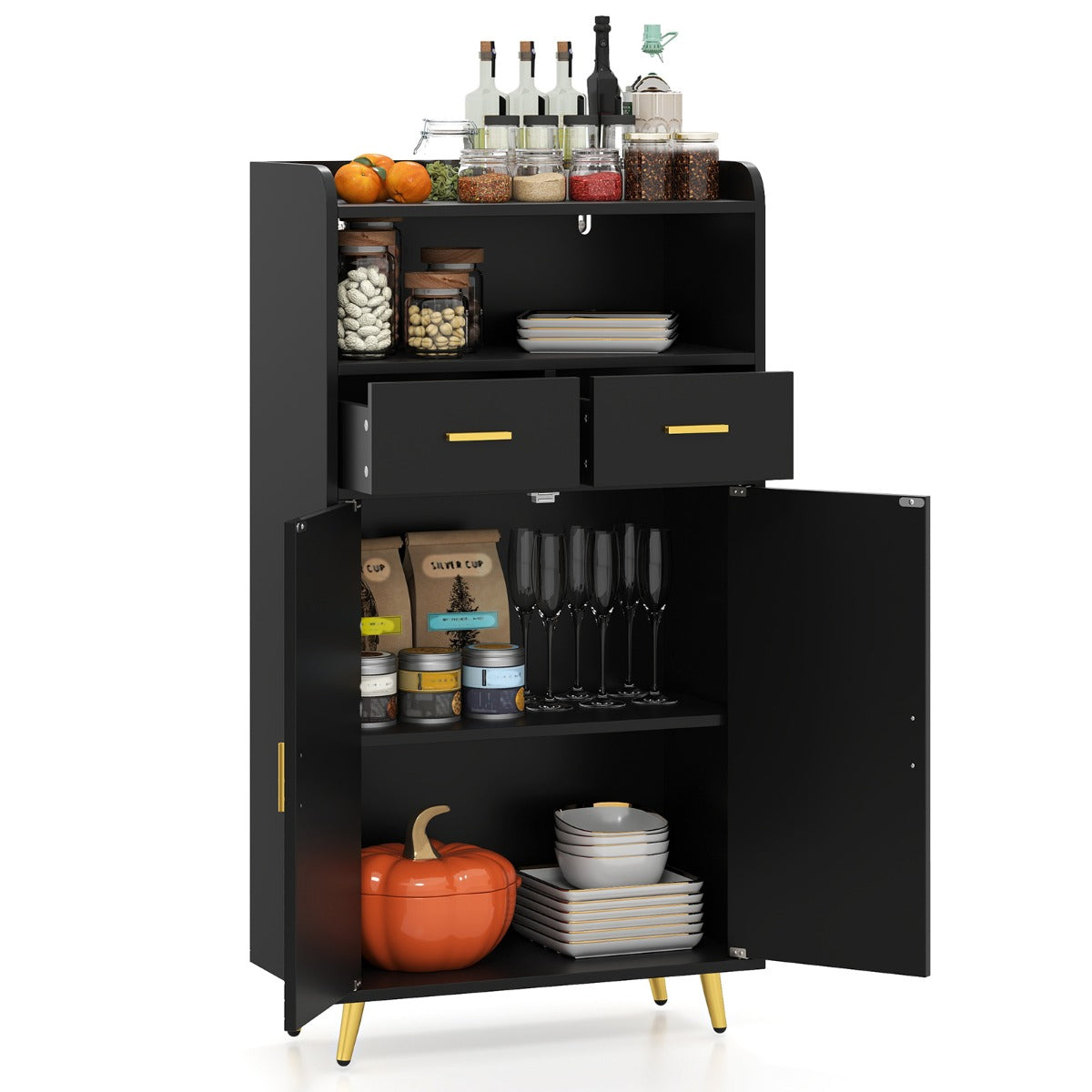 LIVSK Multifunctionele Opbergkast - Verstelbare Plank - Werkblad, 2 Lades, 2 Deuren - Modern Design - 60 x 30 x 113 cm - Zwart