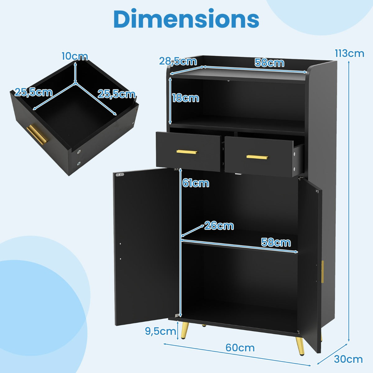 LIVSK Multifunctionele Opbergkast - Verstelbare Plank - Werkblad, 2 Lades, 2 Deuren - Modern Design - 60 x 30 x 113 cm - Zwart
